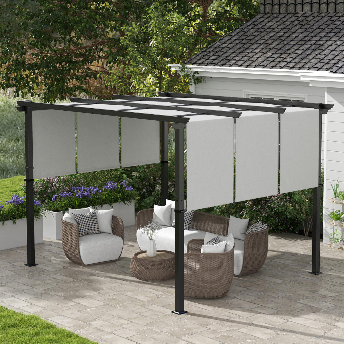 PERGOLA Stahl Polyester Hellgrau - Dunkelgrau/Hellgrau, Textil/Metall (296/235/357cm) - Outsunny