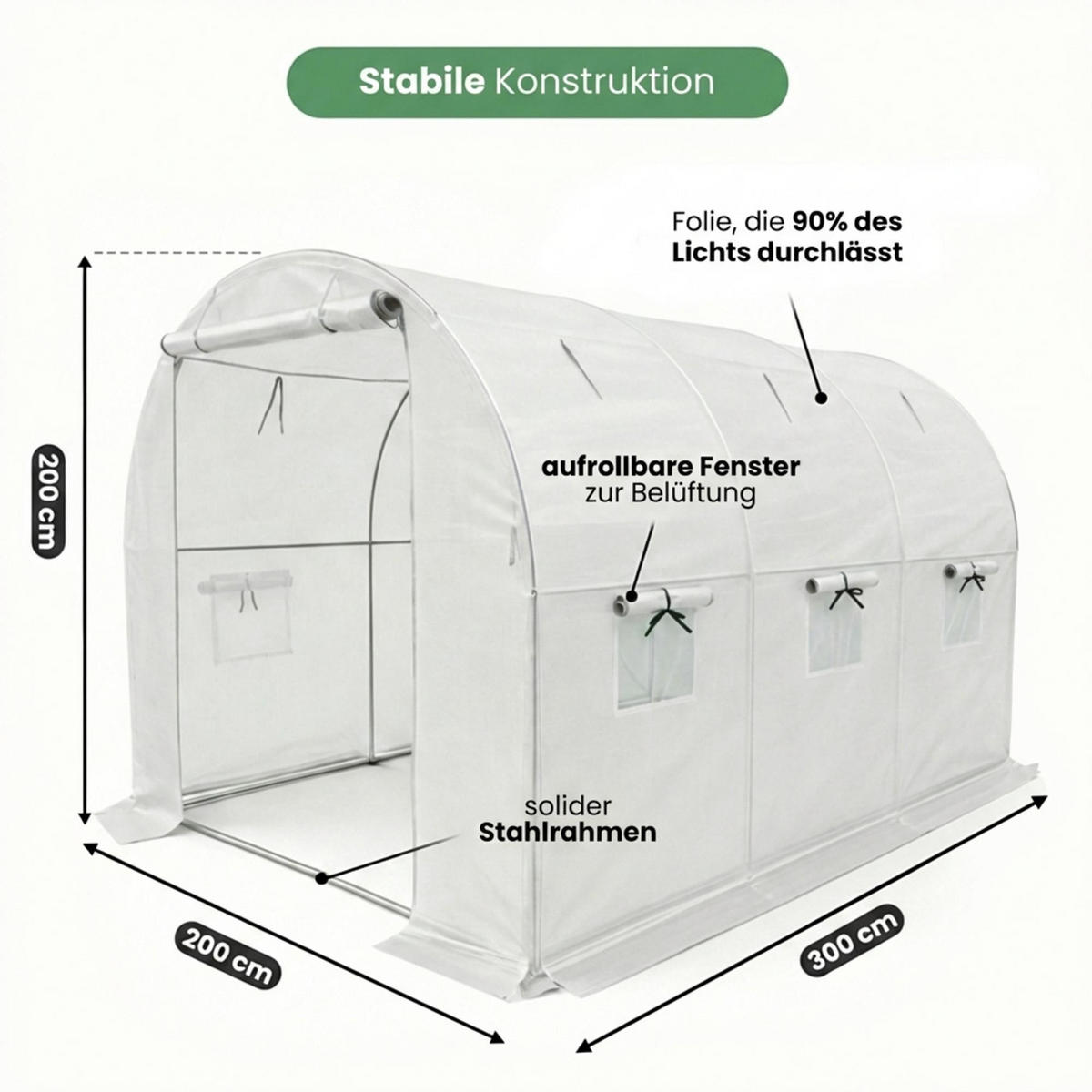 TUNNELGEWÄCHSHAUS mit aufrollbaren Seitenwänden, Weiß, 200x300x200 cm - Weiß, Metall (200/200/300cm) - Akord