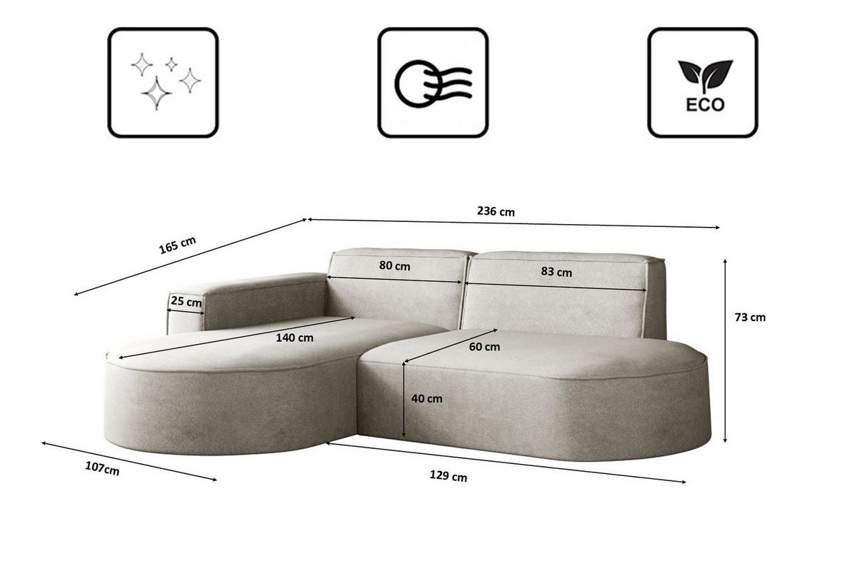 ECKSOFA Modena Modern Und Komfort Velours Stoff Salvador Links Hellgrau - Hellgrau, Holz/Textil (165/236cm) - Kaiser Möbel