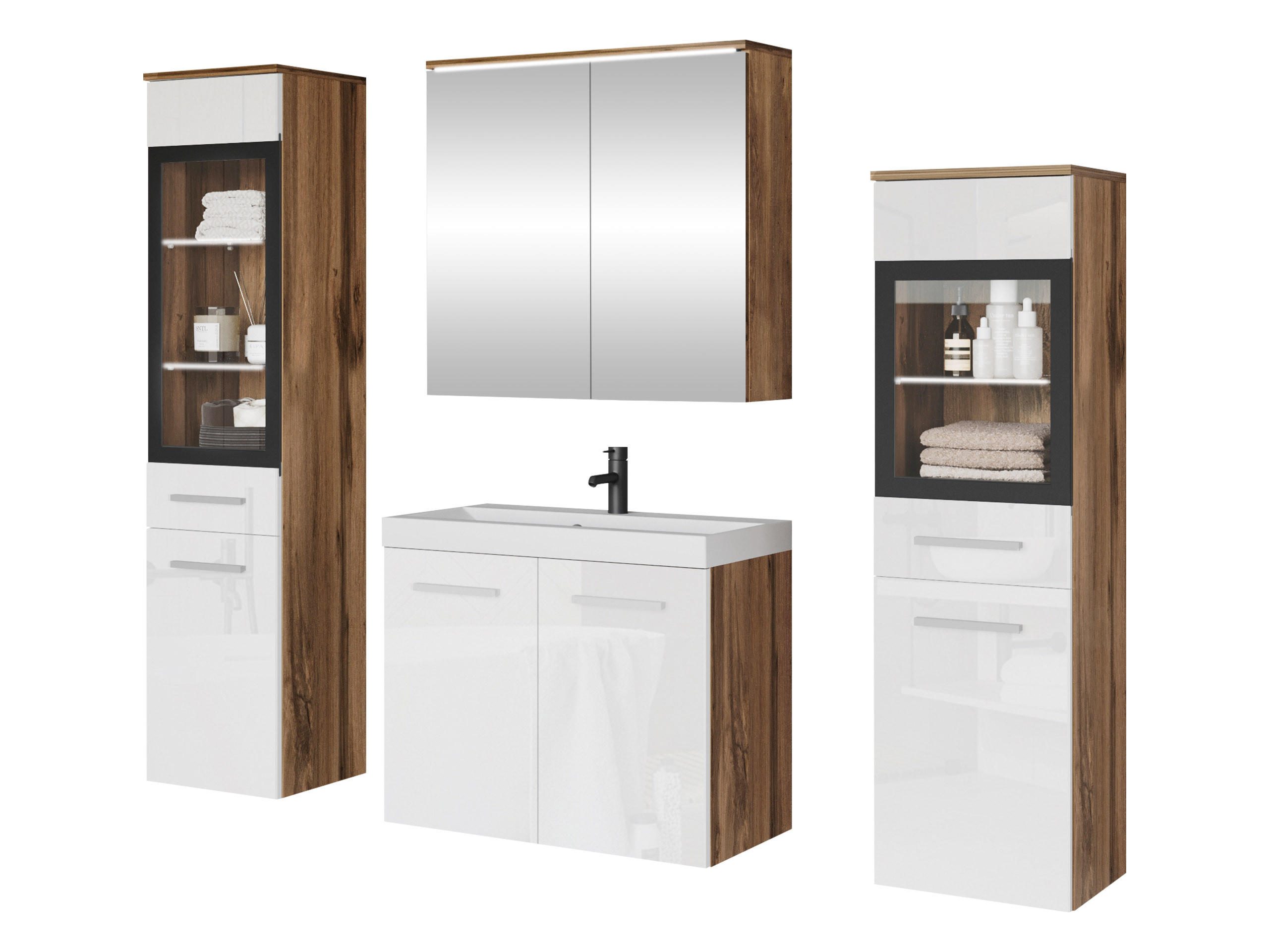 BADMÖBEL-SET Madrit II mit weißer LED Beleuchtung - Silberfarben/Braun, Holzwerkstoff/Kunststoff (132/132/30cm) - MIRJAN24
