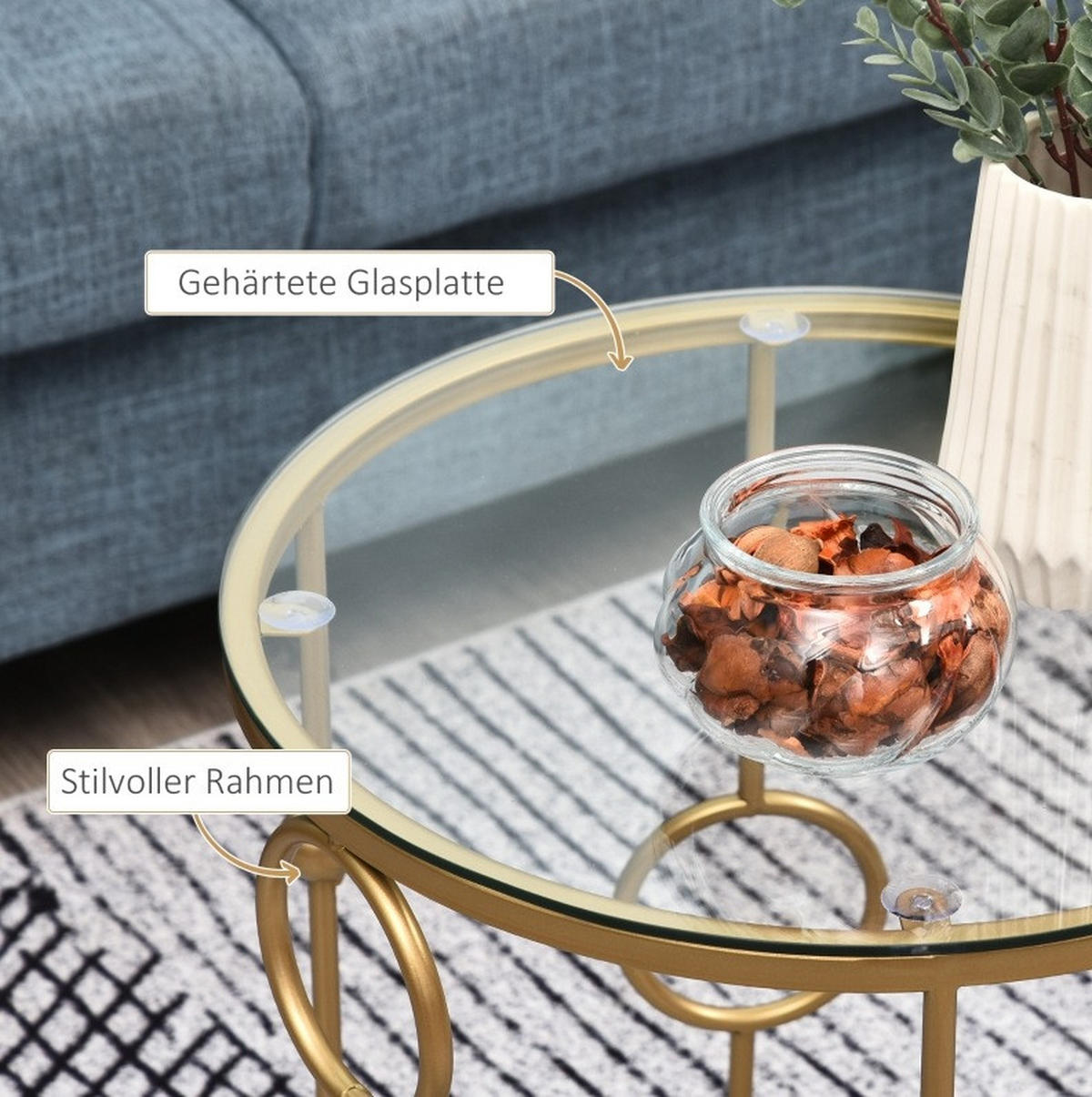 BEISTELLTISCH-SET 41/41/57 cm gold im Nesting-Design mit Glasplatte aus Metall - Goldfarben, Metall (41/41/57cm) - OKWISH