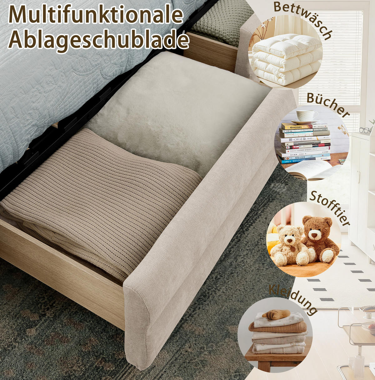 BETT mit 4 Schubladen und USB 140x200 cm Chenille Beige - Beige, Holz (140/200cm) - Meubliv