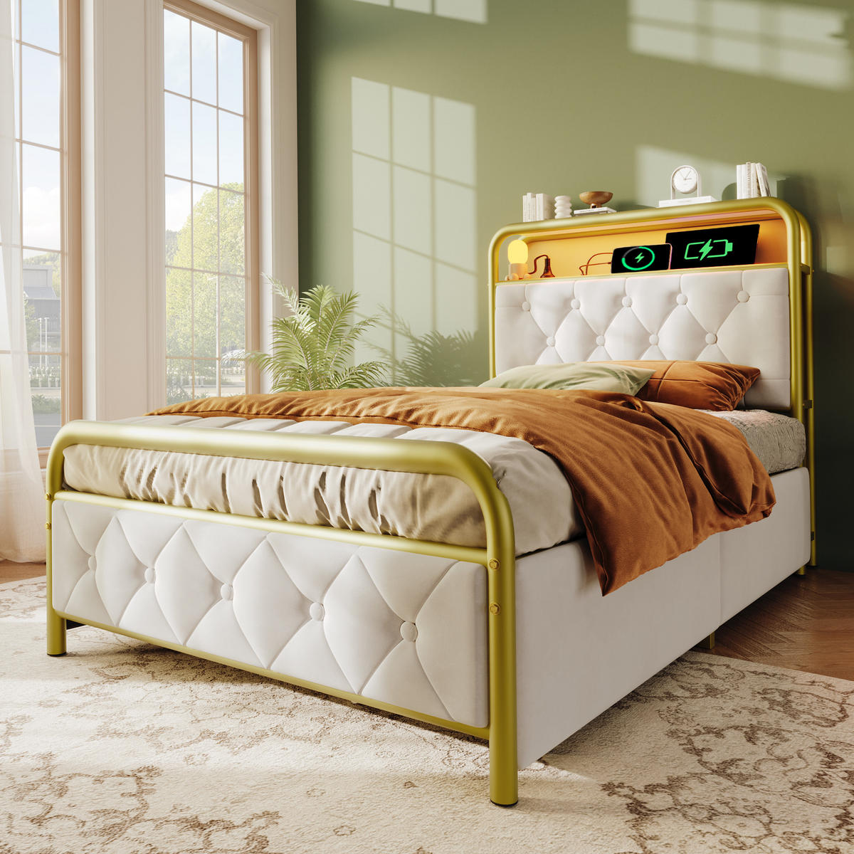 POLSTERBETT 90/200 cm Weiß mit USB- und Type-C-Anschlüssen LED-Beleuchtung - Weiß, Textil (90/200cm) - OKWISH