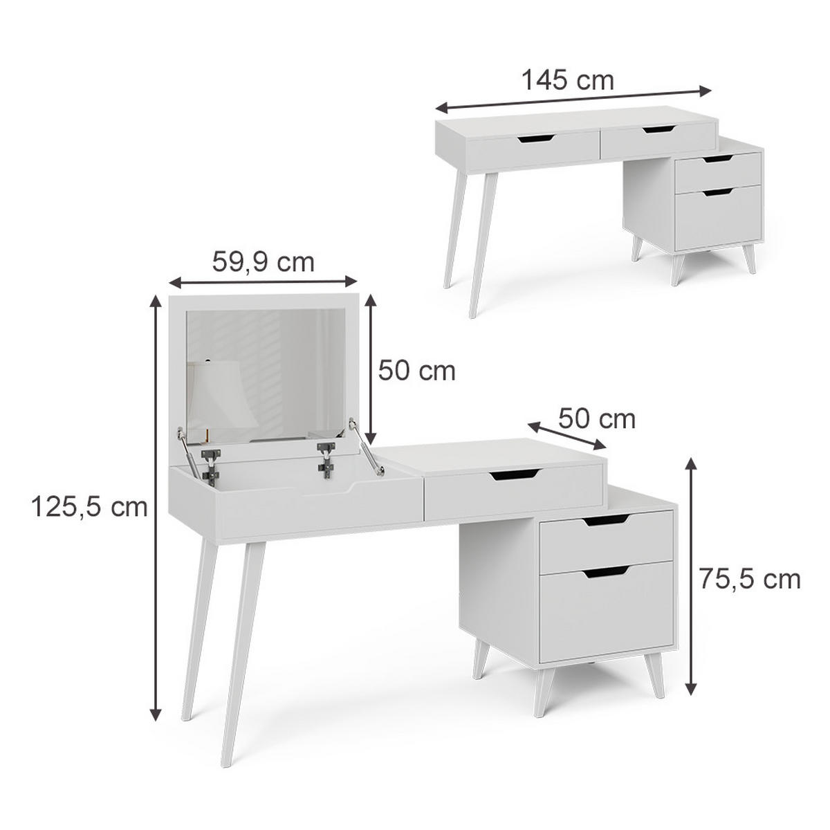 SCHMINKTISCH Judy Weiß 145 x 125.5 cm mit Spiegel - Weiß, Holzwerkstoff (145/125.5/50cm) - Vicco