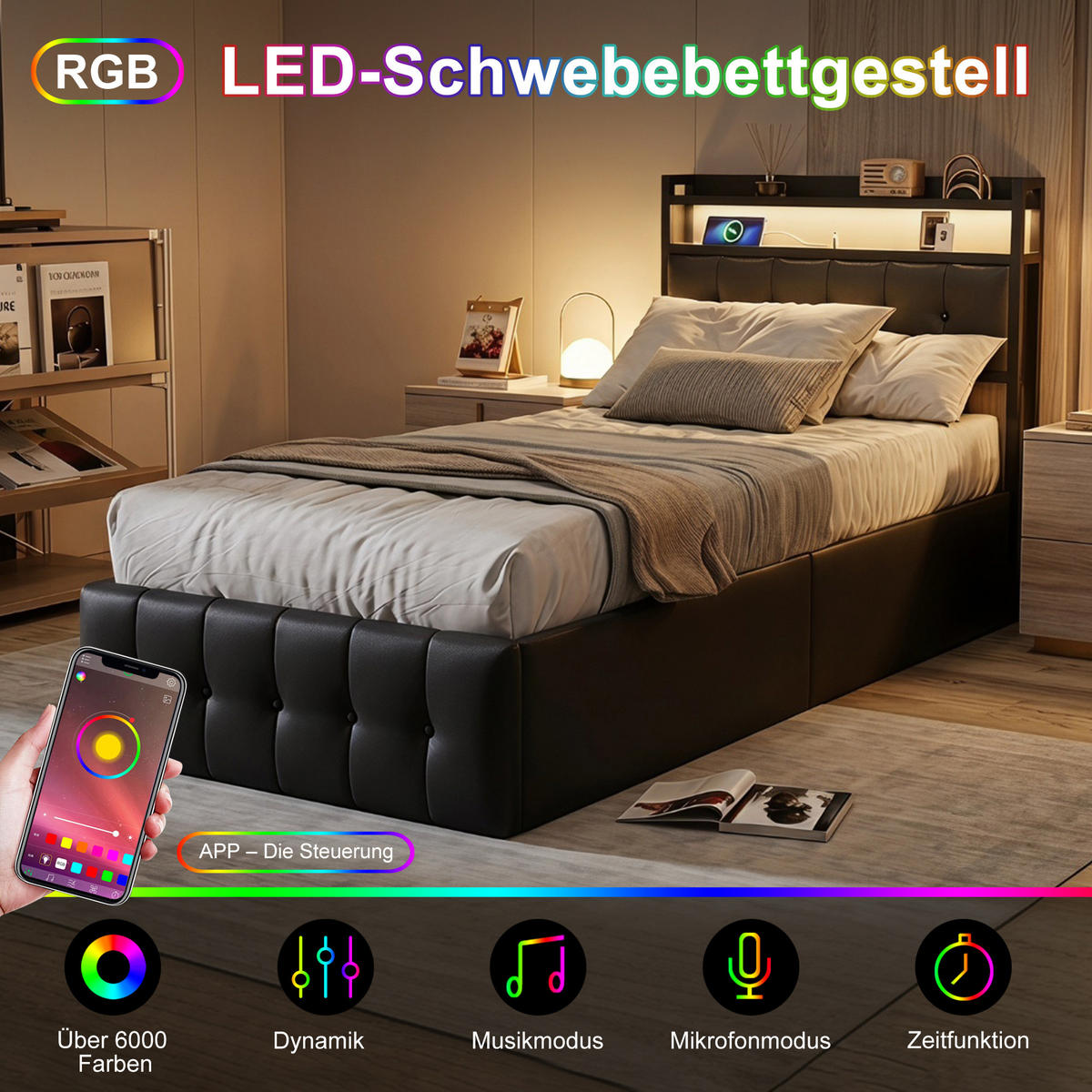 POLSTERBETT 90x200 cm mit stauraum, einzelbett mit bettkasten, USB und LED, lattenrost, schwarz - Schwarz, Leder/Holz (90/200cm) - GENKI LIVING