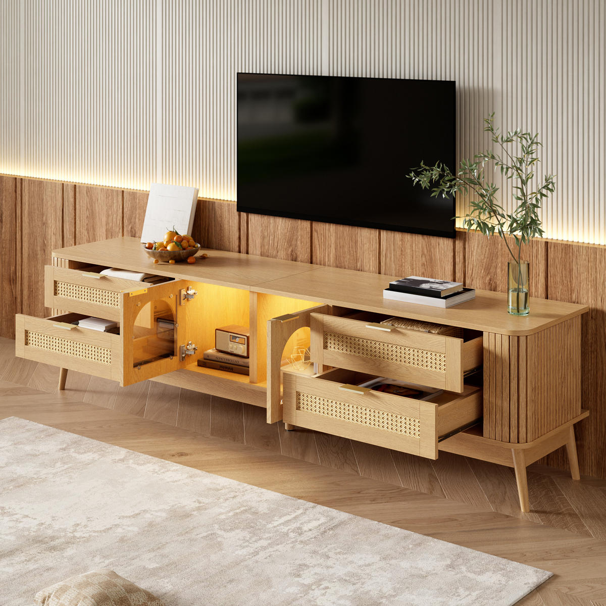 TV-SCHRANK LED Glas Türen Sideboard Massivholzbeine Modern - Naturfarben, Holzwerkstoff (180/50/40cm) - FLIEKS