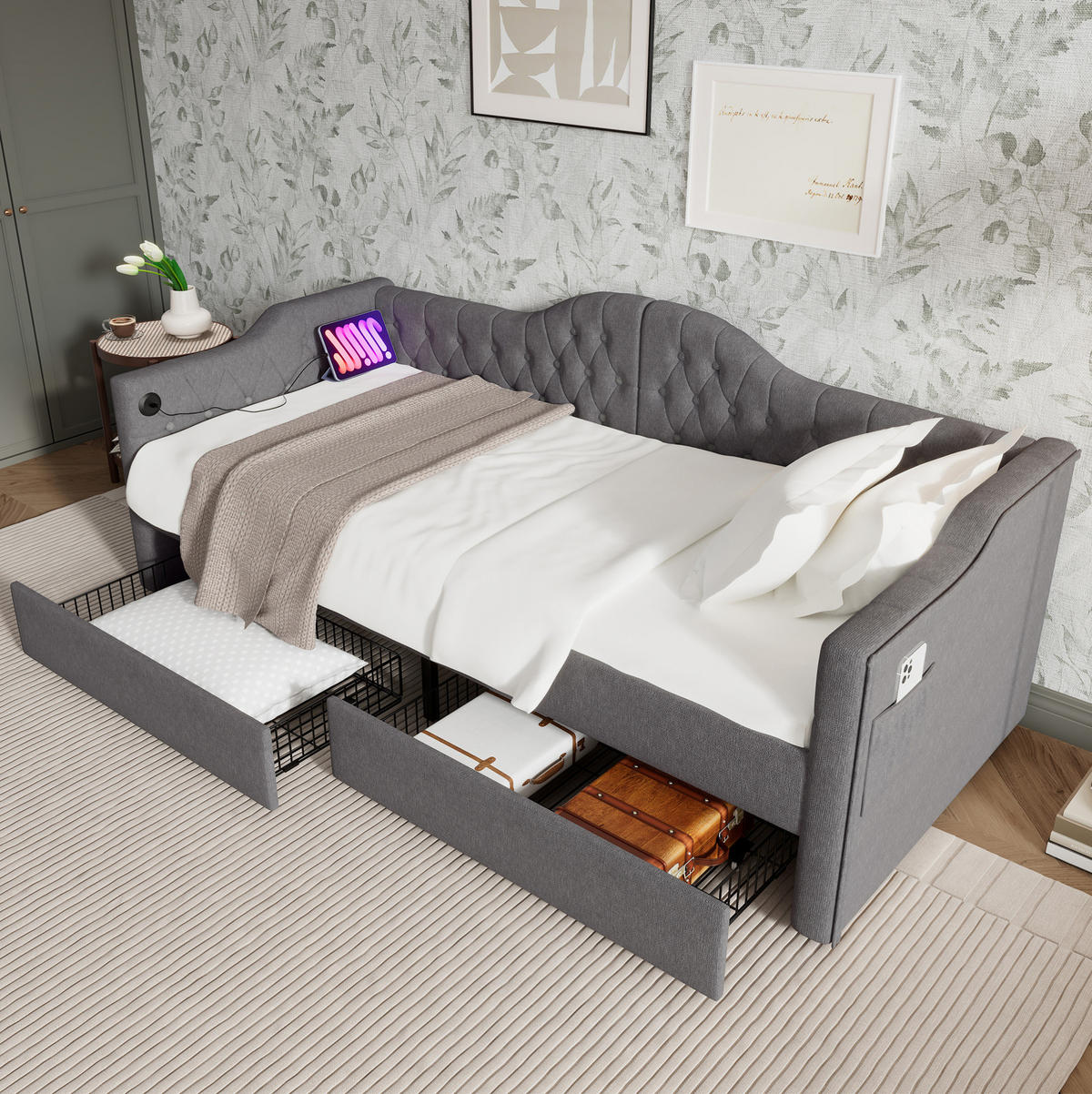 DNEVNA postelja iz lana 90x200 cm siva z USB in Type-C priključkom ter 2 predaloma - siva, tekstil (90/200cm) - Modfu