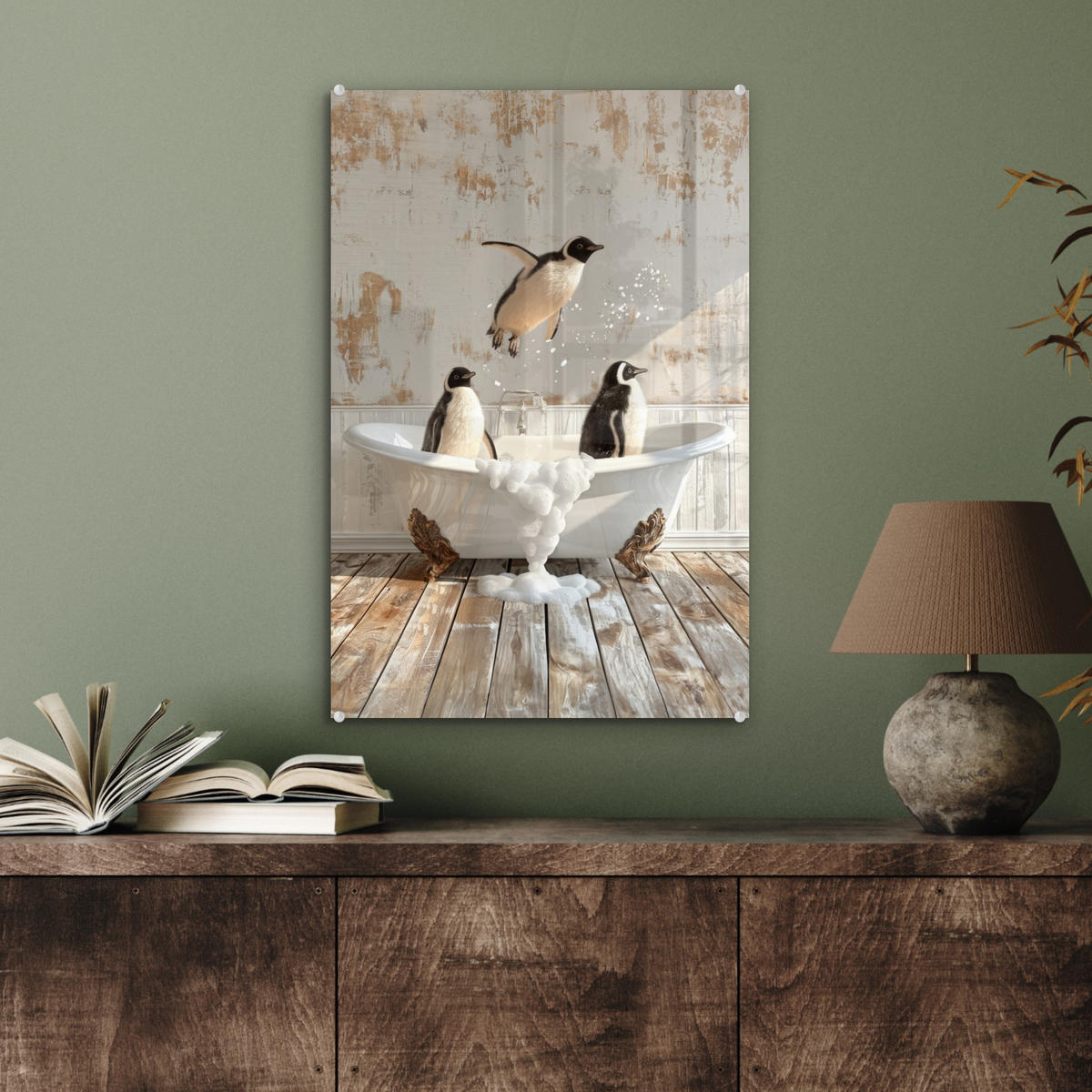 ACRYLGLASBILD Vintage - Pinguin - Badewanne - Schaumstoff 40x60 cm - Schwarz, Glas (40/60cm) - MuchoWow