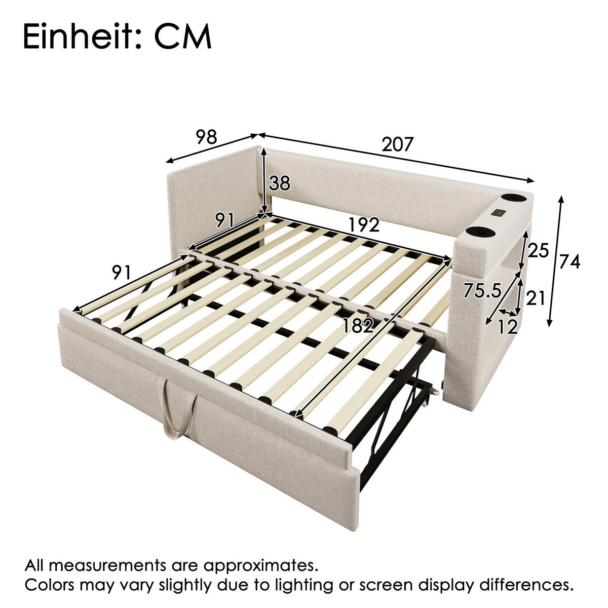 POLSTERBETT 90/190 cm Beige aus Leinen mit Ausziehbett und USB-C-Ladeanschluss - Beige, Textil (90/190cm) - OKWISH