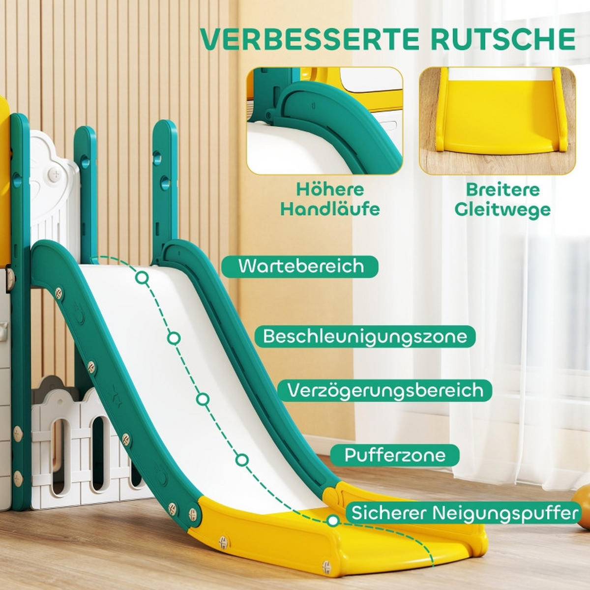 KINDERRUTSCHE 9-in-1 mit Schaukel und Basketballkorb Gelb/Grün - Gelb, Kunststoff (150/94/250cm) - Korfee