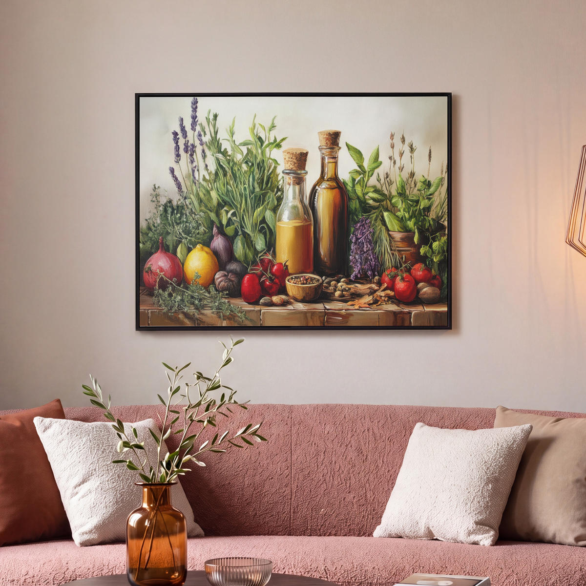 LEINWAND Bilder mit Rahmen - Stilleben - Kräuter - Gewürze - Früchte - Farbenfroh - 70x50 - Grün, Textil (70/50cm) - MuchoWow