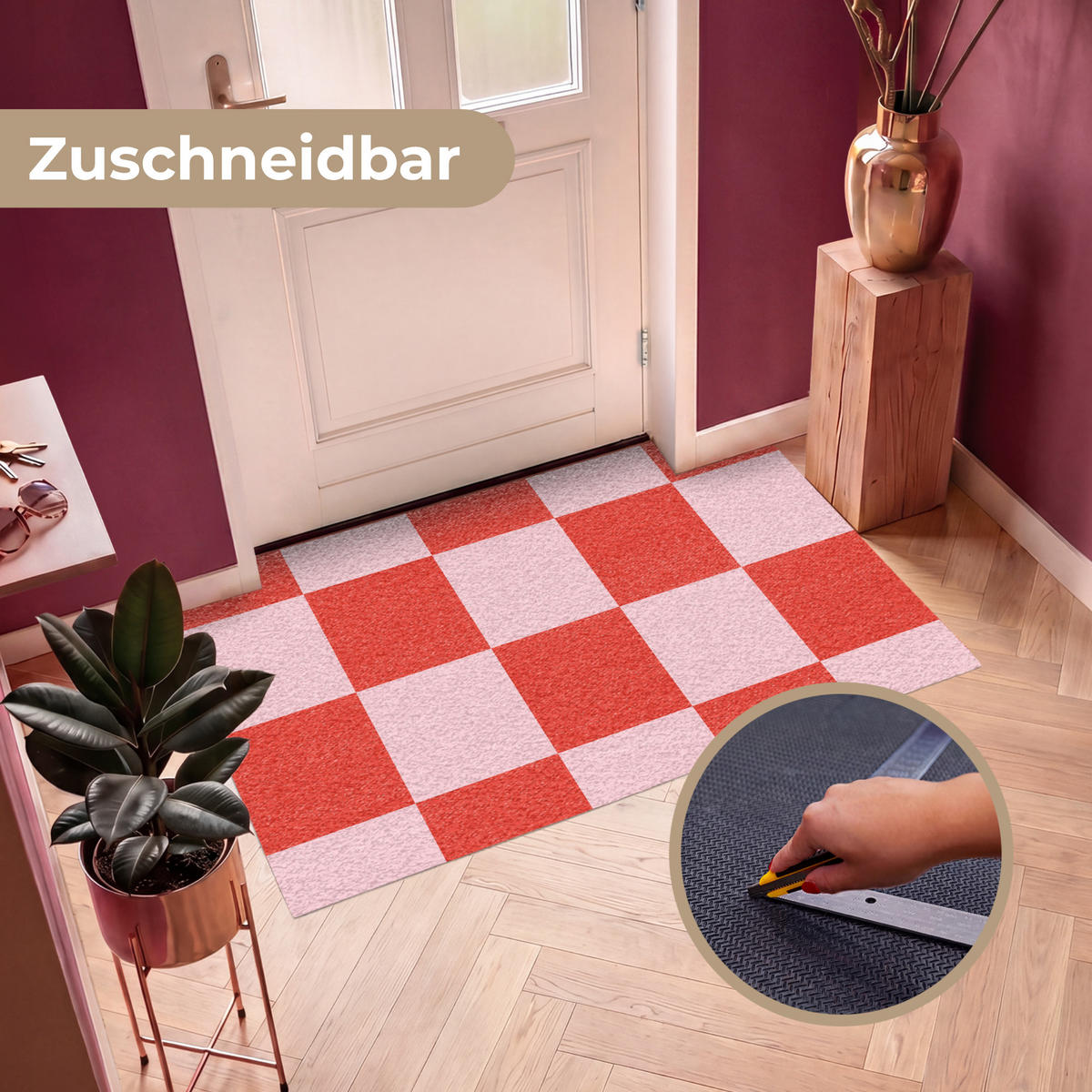 FUSSMATTE Schachbrettmuster - Rot - Rosa - Würfel Türmatte 150x90 cm - Rot, Kunststoff (150/90cm) - MuchoWow