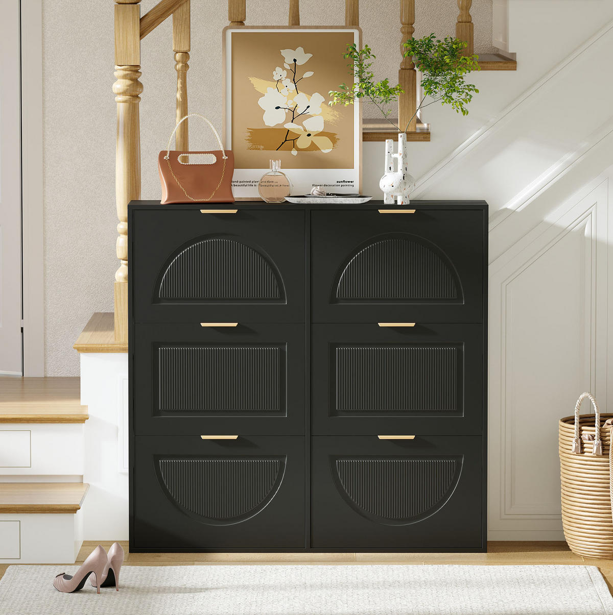 SCHUHSCHRANK 118/25/115 cm mit 6 Klappenfächern, verstellbaren Einlegeböden und Kippsicherung, Schwarz - Schwarz, Holzwerkstoff (118/115/25cm) - Redom