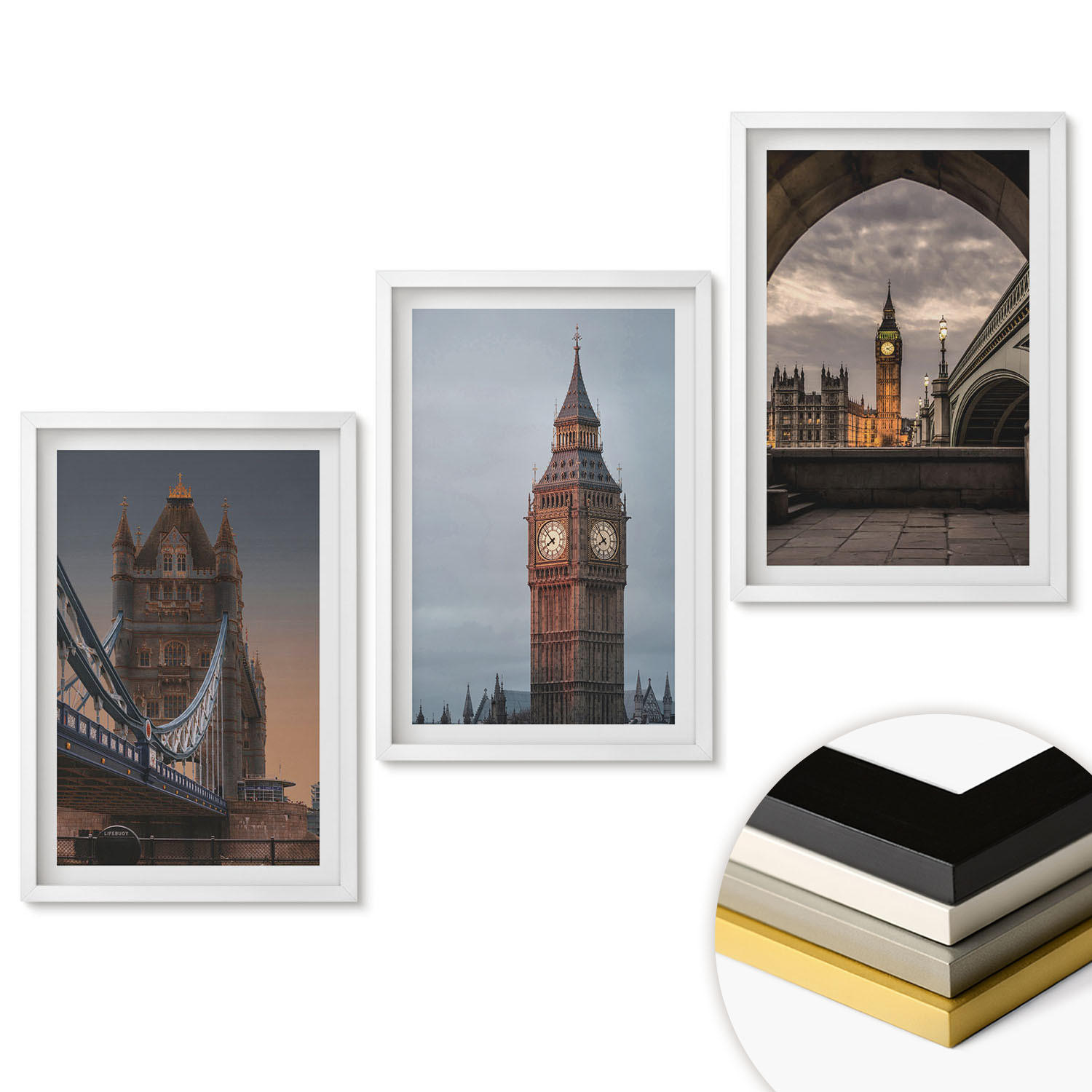 WANDBILDER 3er-Set - 40x60 cm Weißer Rahmen - London Bridge Big Ben Uhr - Weiß, Kunststoff (40/60cm) - ArtPrintCave