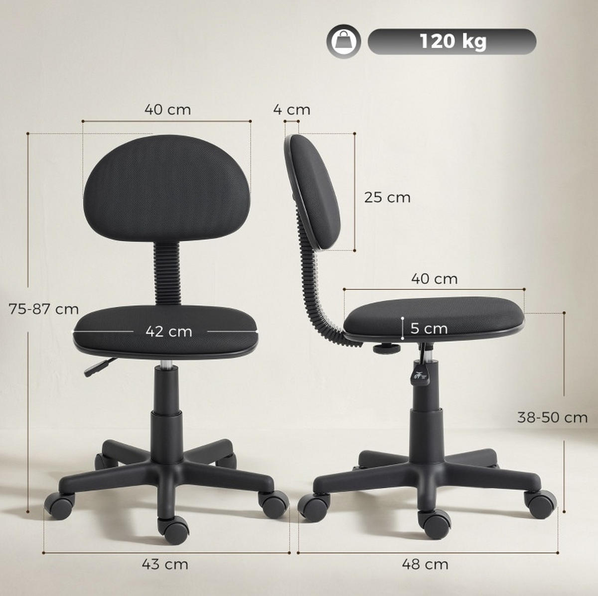 BÜROSTUHL in Schwarz 43x48x87 cm, höhenverstellbar, ohne Armlehnen, mit Rollen - Schwarz, Textil (48/87/43cm) - IVMEU