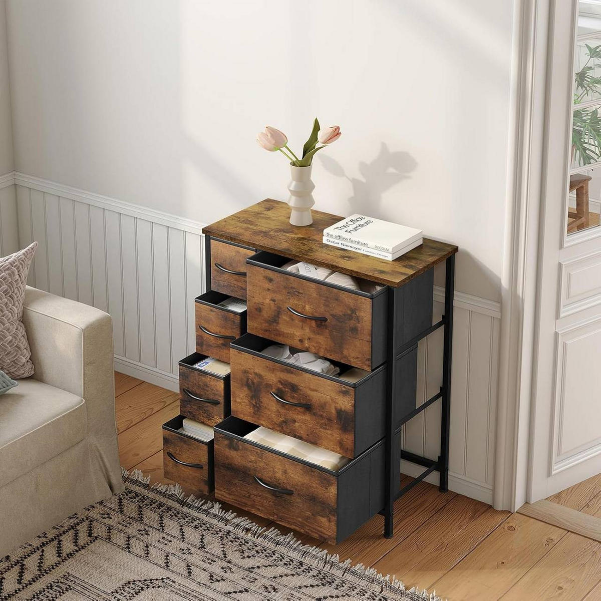 KOMMODE mit 7 Schubladen aus Stoff, Vintagebraun - Schwarz/Braun, Holzwerkstoff/Textil (63.5/73/30cm) - Woltu
