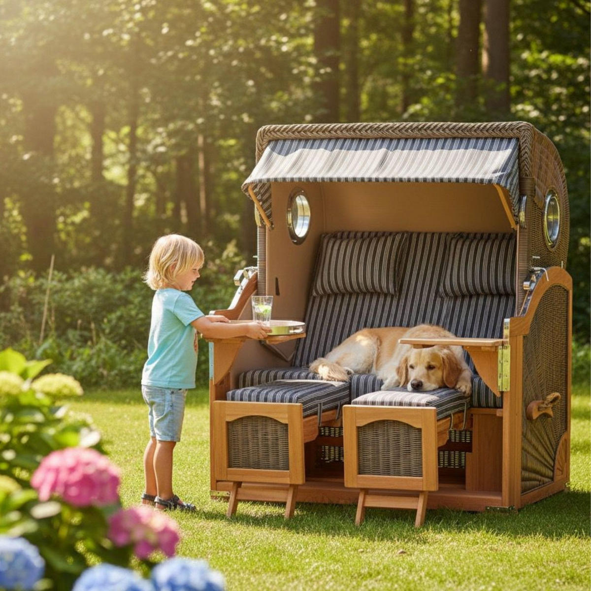 STRANDKORB Düne 2 Sitzer Teak PE Grey - Schwarz/Braun, Holz/Metall (125/170/80cm) - Mr. Deko