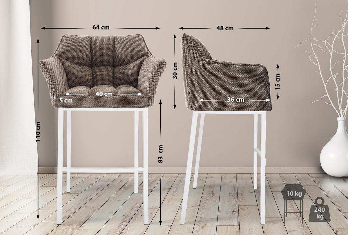 BARHOCKER 2er Set Stoff Terrabraun - Dunkelbraun/Weiß, Textil/Metall (64/110/48cm) - CLP