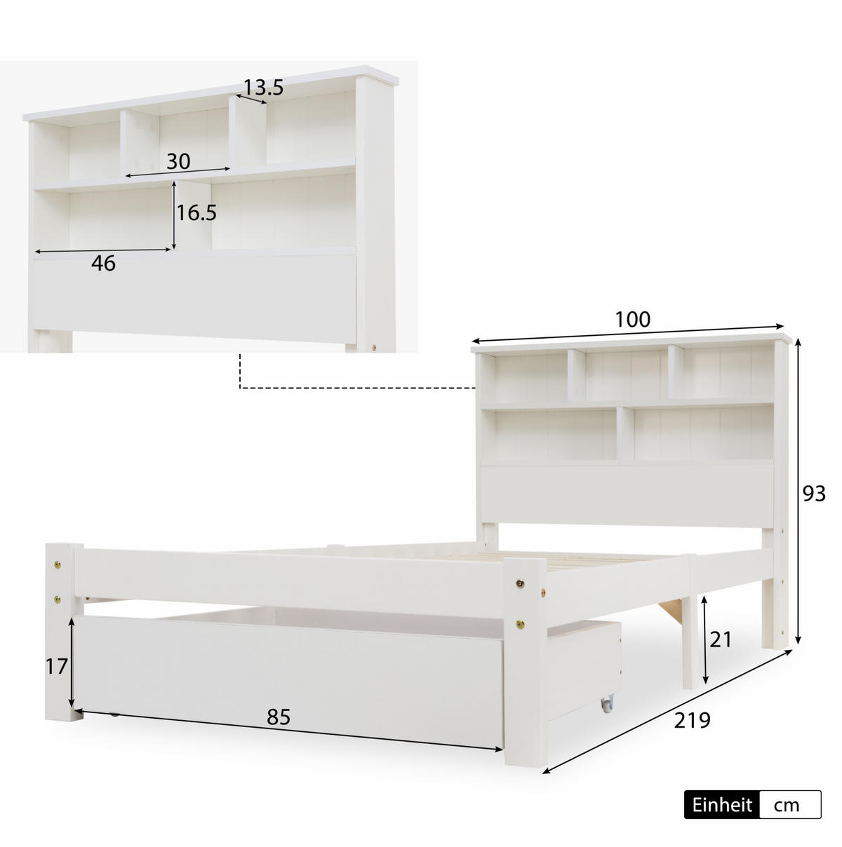 BETT 90/200 cm Weiß aus Massivholz mit Schubladen und Bücherregal-Kopfteil - Weiß, Holz (90/200cm) - Flora Grace