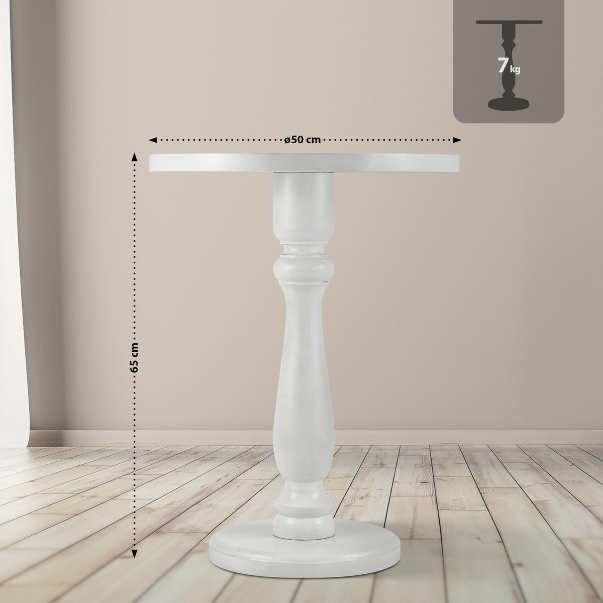 BEISTELLTISCH rund 50 cm Holz Antik Weiß - Weiß, Holz (50/50/60cm) - CLP