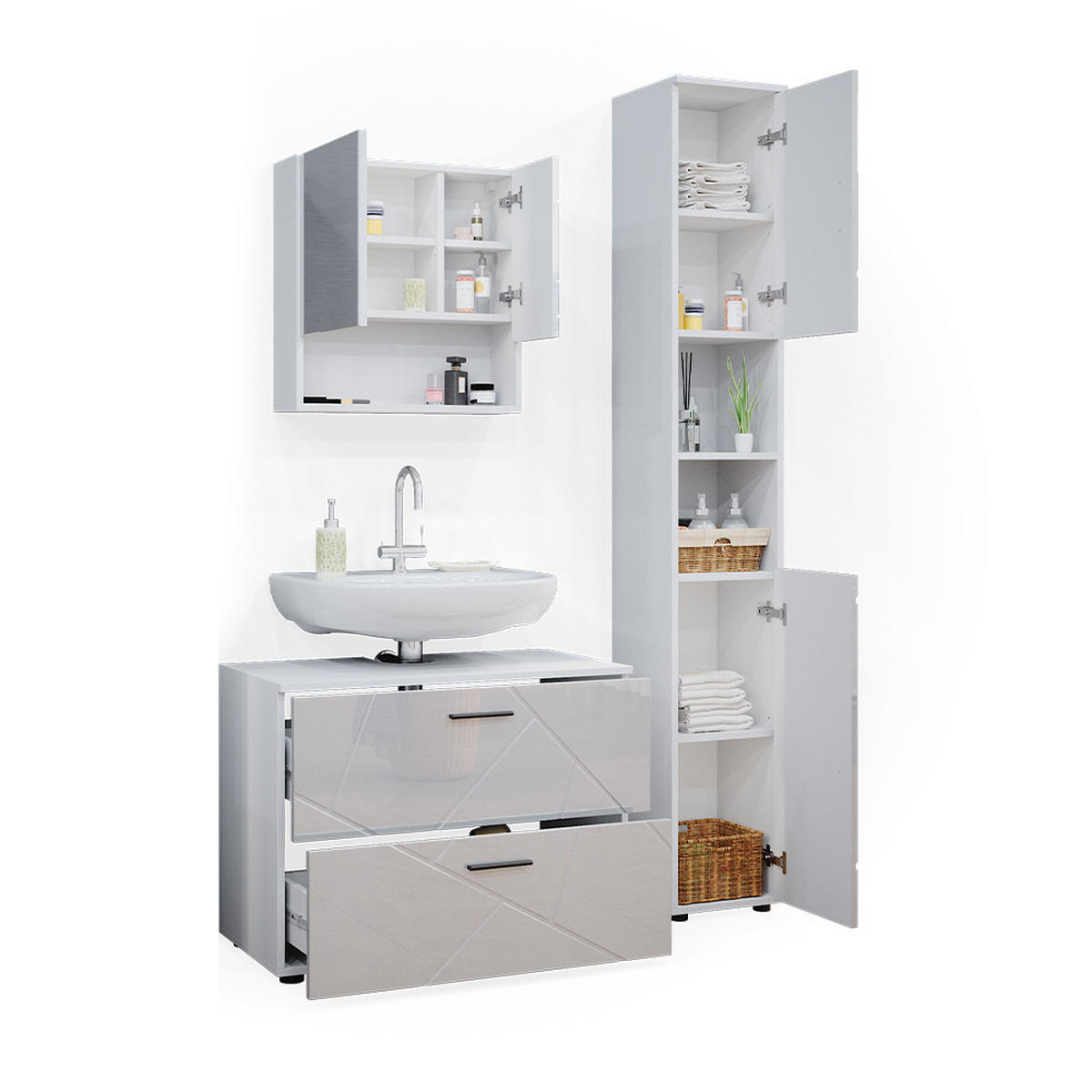 BADMÖBEL-SET Irma Weiß Hochglanz 3 Teile mit Schubladenschrank und Hochschrank - Weiß Hochglanz/Weiß, Holzwerkstoff (80/58.6/41cm) - Vicco