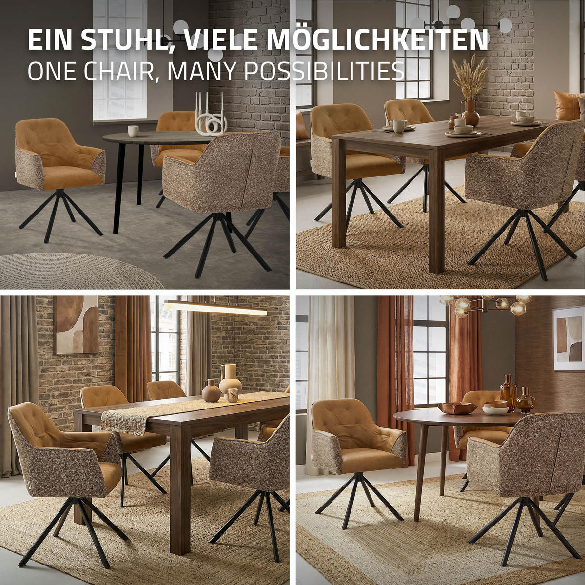 ESSZIMMERSTÜHLE 2er Set drehbar Küchenstühle gepolstert aus Webstoff-Kunstleder Braun - Schwarz/Braun, Textil/Metall (62/81/65cm) - ML-DESIGN
