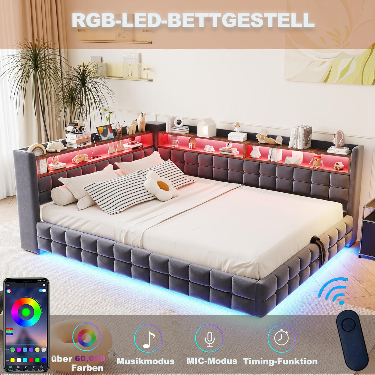 ČALOUNĚNÁ postel 140/200 cm šedá z sametu s úložným prostorem, LED a USB - šedá, textil (140/200cm) - OKWISH