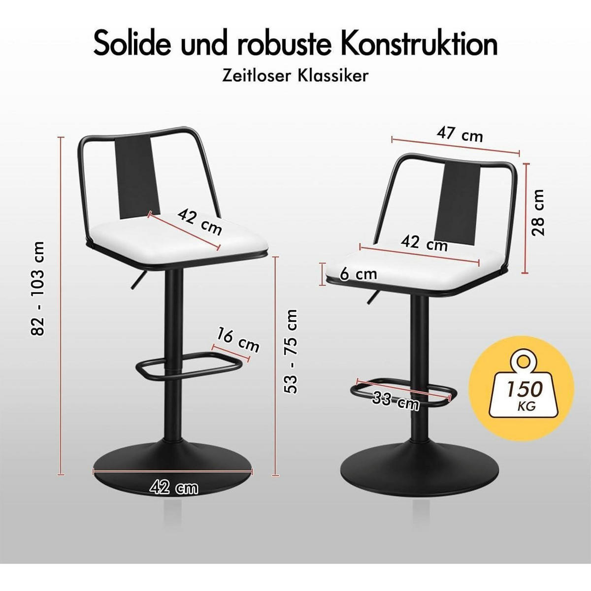 BARHOCKER 2-teiliges Set Weiß höhenverstellbar mit Rückenlehne und Fußstütze - Weiß, Kunststoff (43/102/43cm)