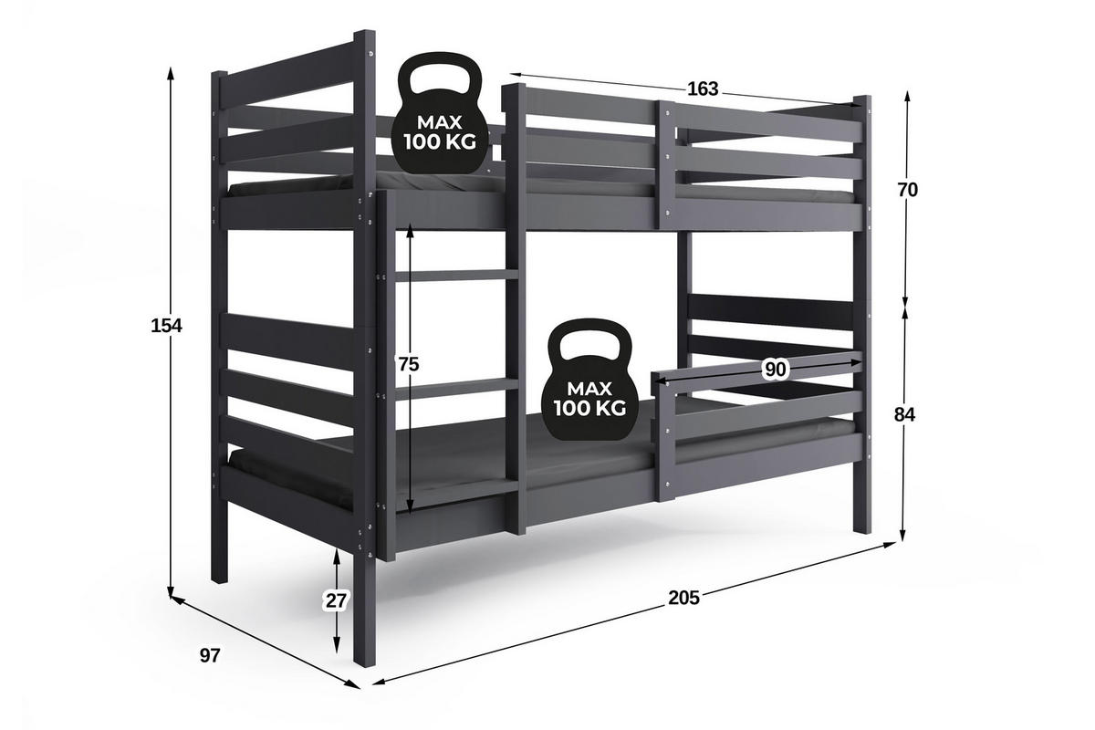 ETAGENBETT ERYK 90/200 cm aus massivem Kiefernholz, grafit, ohne Matratzen - Graphitfarben, Holz - Interbeds