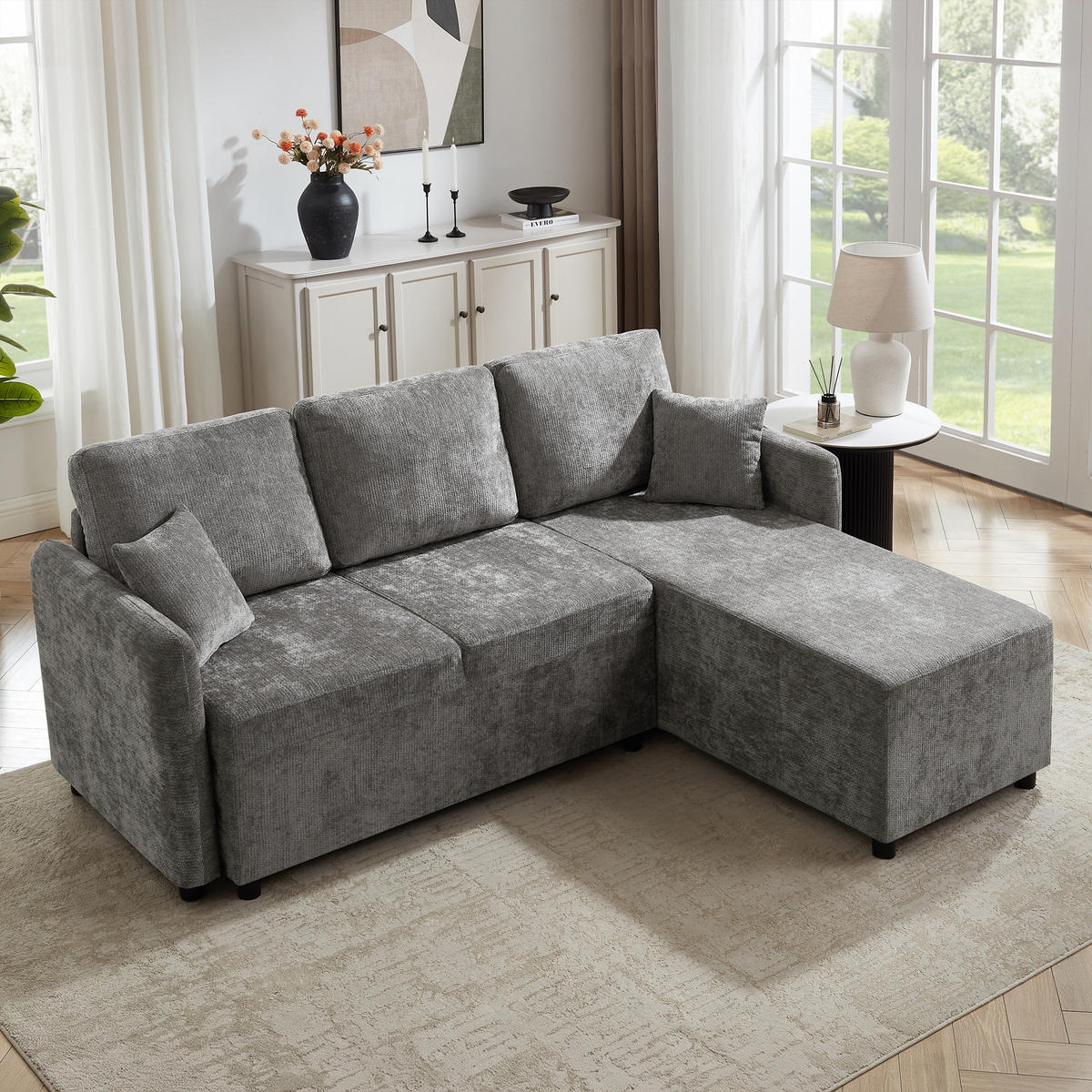 ECKSOFA 187.5/144/85.5 cm Grau Chenille mit 2 Kissen - Grau, Holz/Textil (187.5/144cm) - Oxeza