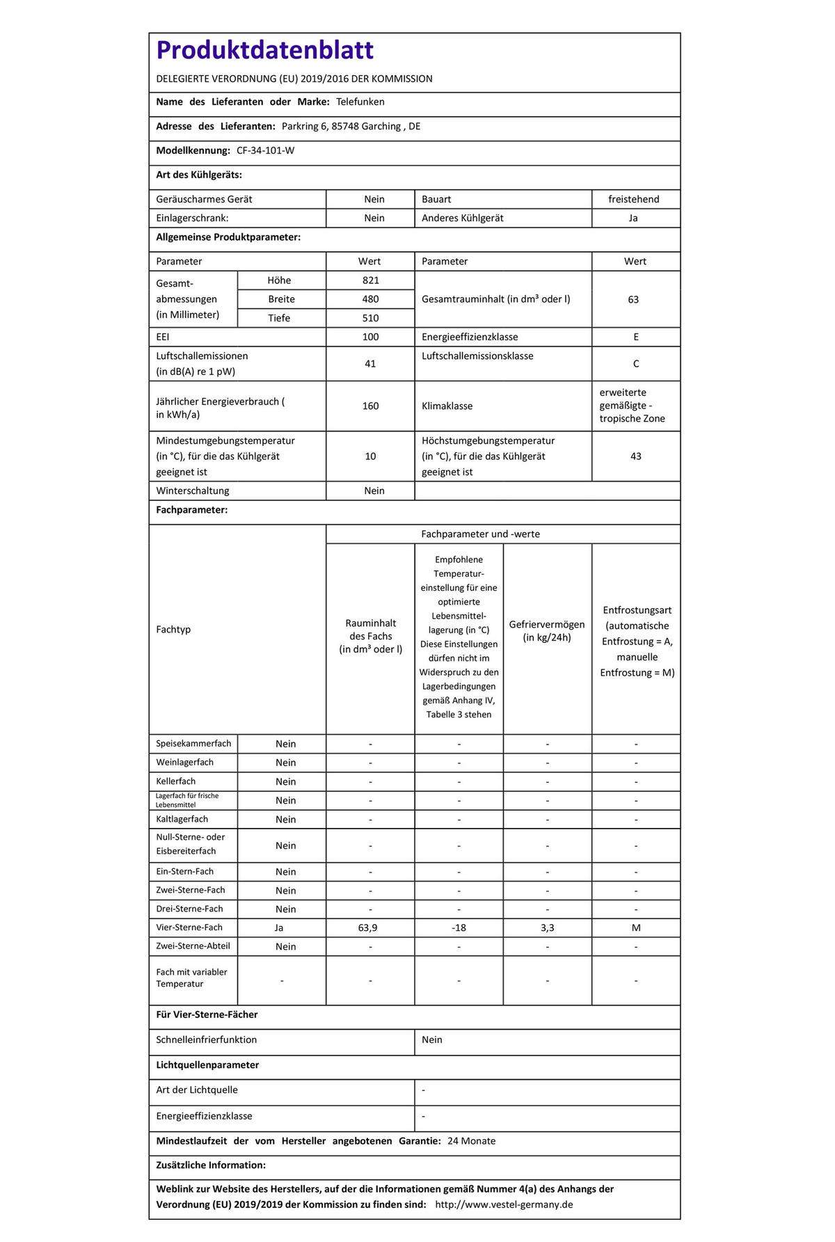 GEFRIERSCHRANK, 63 Liter Nutzinhalt, 4-Sterne, klein, leise & effizient, weiß, CF-34-101-W - Weiß, Kunststoff/Metall (48/82.1/51cm) - Telefunken