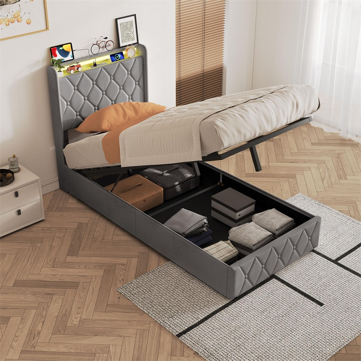 POLSTERBETT 90x200 cm mit hydraulischem Stauraum - Kopfteil Regal & LED - USB - ohne Matratze - Grau - Grau, Textil (90/200cm) - DELFA