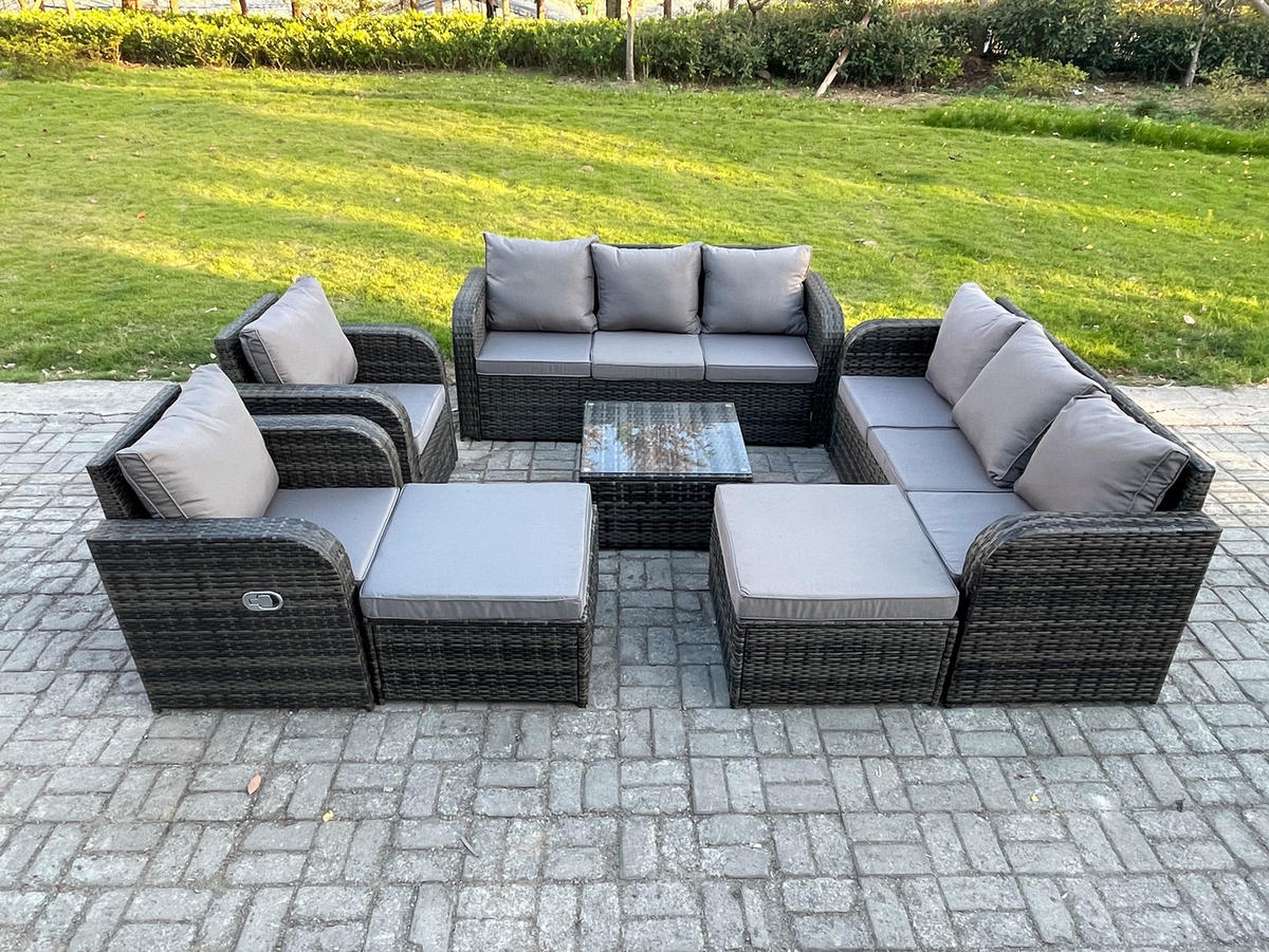 GARTENMÖBEL SET mit 3-SITZER SOFA Polyrattan Dunkelgrau 10-Sitzer - Dunkelgrau/Grau, Glas/Kunststoff - Fimous