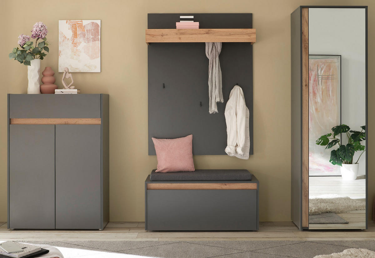 GARDEROBEN-SET 5-teilig grau matt, Eiche Wotan 265 cm, Flurmöbel mit viel Stauraum - Eiche Wotan/Schwarz, Glas/Holzwerkstoff (265/200/40cm) - Furn.Design