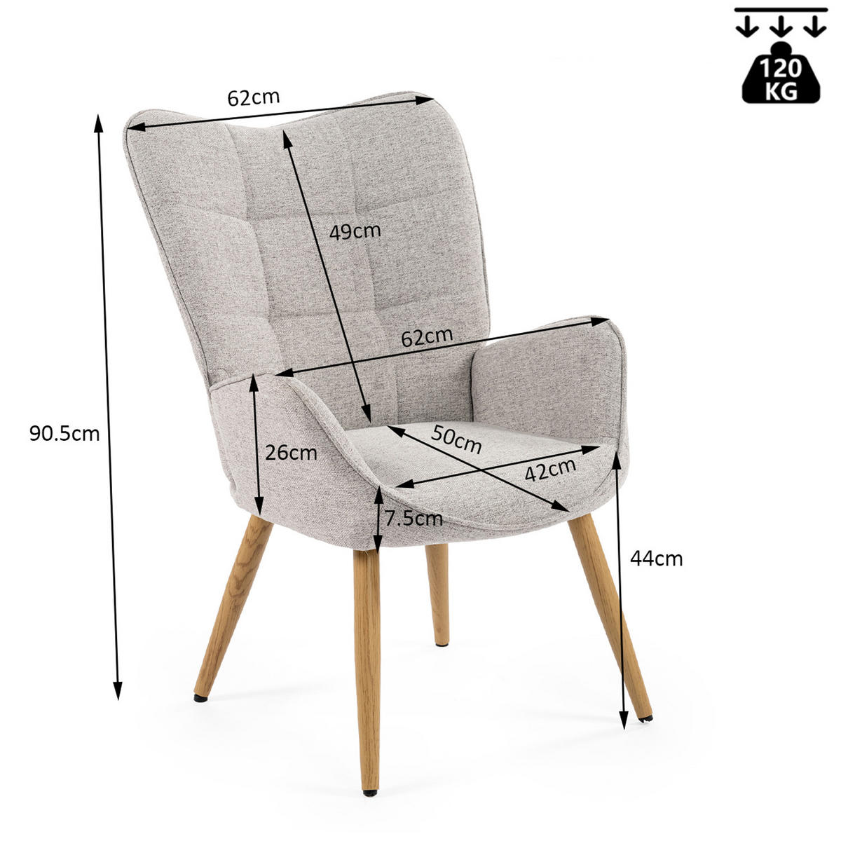 OHRENSESSEL in Webstoff, Grau - Grau, Textil/Metall (62/90.5/62cm) - Meubles Cosy