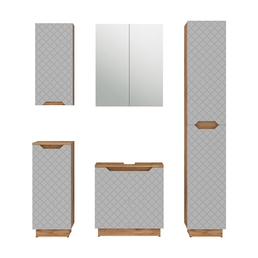 BADMÖBEL-SET Lotta Eiche/Grau mit Kachelstruktur 5 Teile - Eichefarben/Grau, Holzwerkstoff (59.8/62.1/32cm) - Vicco
