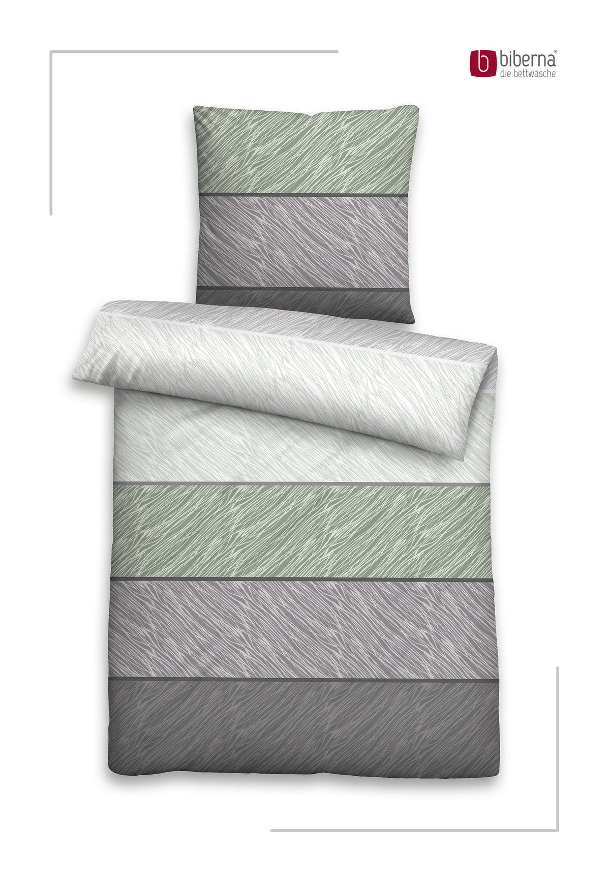 BETTWÄSCHE-GARNITUR Premium Biber Streifen salbei, 155x220 cm + 80x80 cm - Salbeigrün, Textil (155/220cm) - biberna