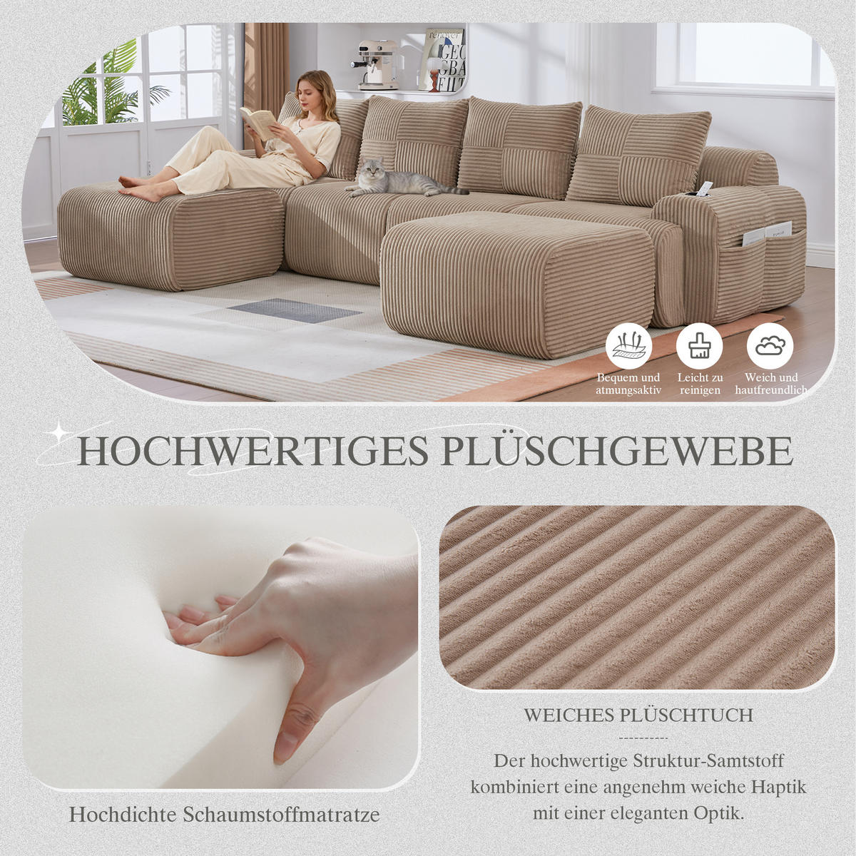4-SITZER Wohnlandschaft Cord mit Getränkehalter und Seitentasche 333/174/80 cm Sandfarben - Sandfarben, Textil (174/80/333cm) - Redom