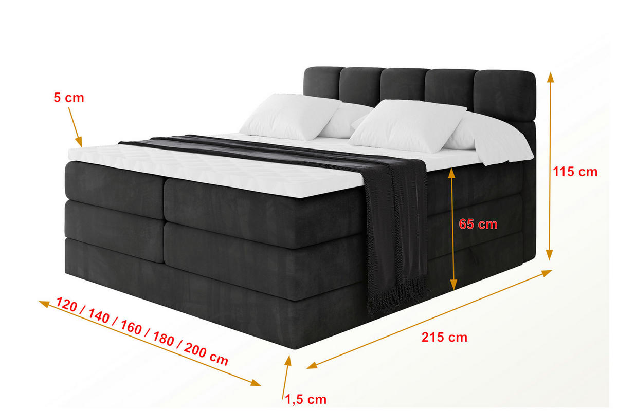 BOXBETT mit Matratze H3/H4 - FAMA KING - 180x200 cm Schwarz Casablanca - Schwarz, Holzwerkstoff (180/200cm) - ALTDECOR
