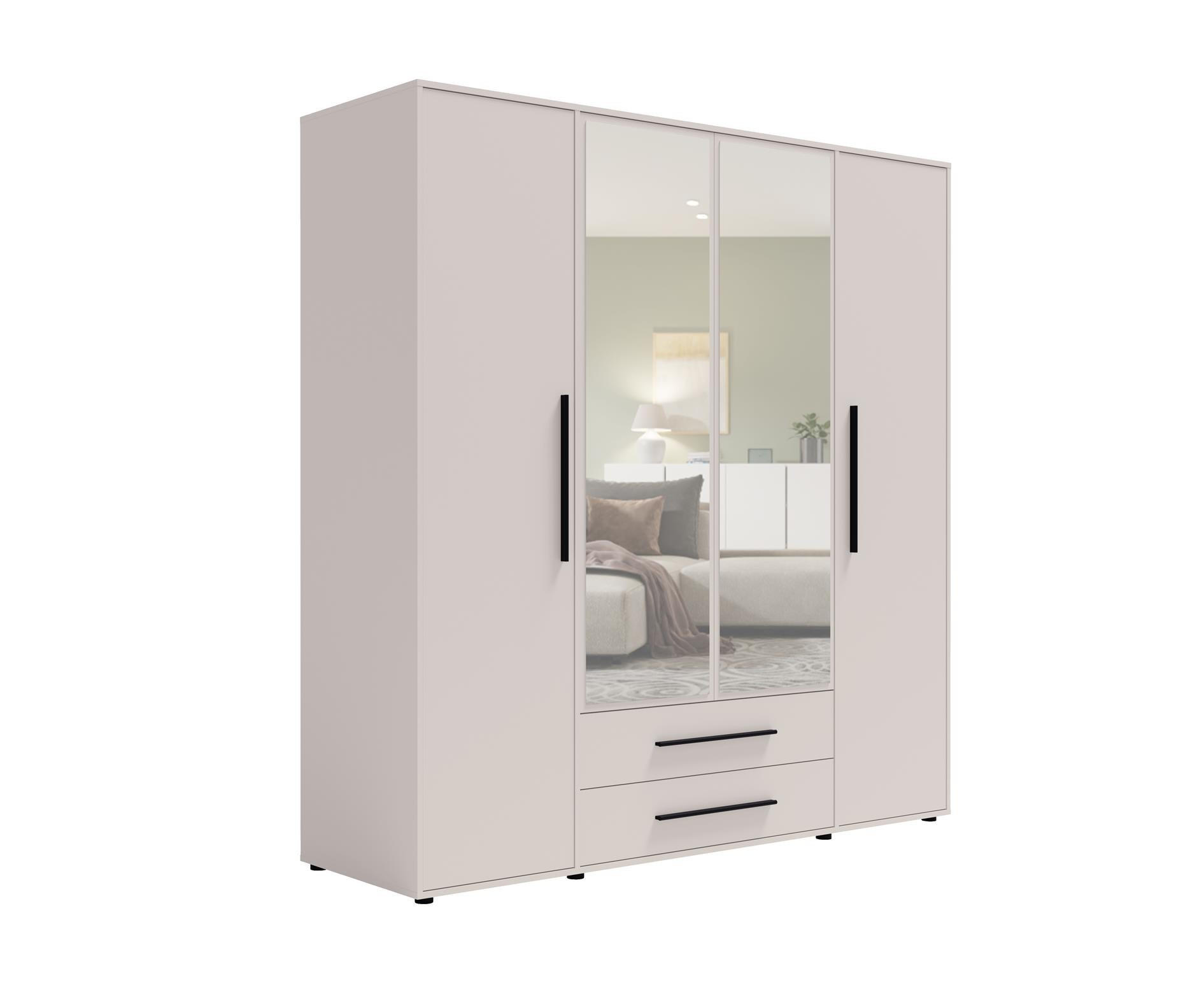 KLEIDERSCHRANK Maxivo Kaschmir, viertüriger Kippschrank mit Schubladen und Spiegel, Erweiterung - Kaschmir/Schwarz, Holzwerkstoff (198/248/59cm) - Bettso