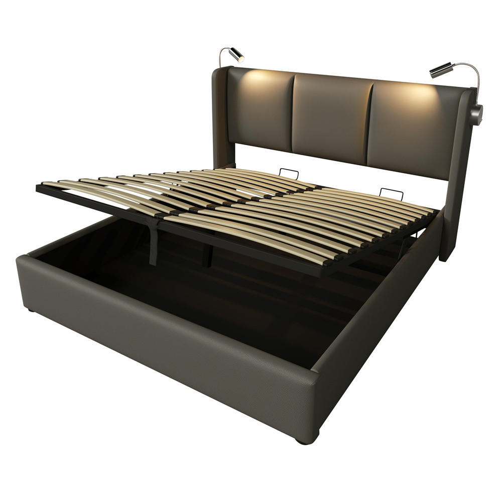POLSTERBETT 140/200 cm in Grau PU mit mit USB Ladefunktion Kopfteil - Grau, Holz/Textil (140/200cm) - KOMHTOM
