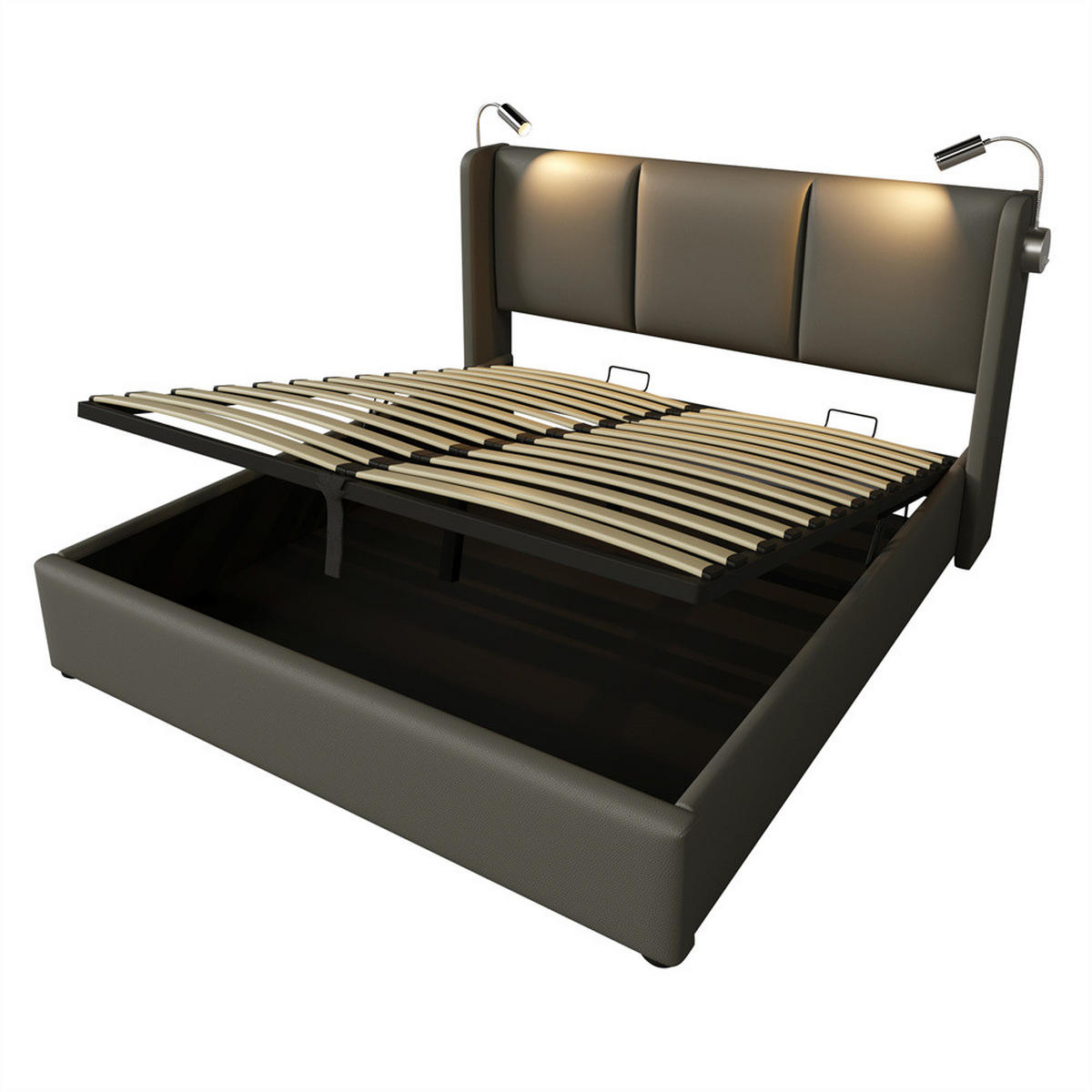 POLSTERBETT 140/200 cm in Grau PU mit mit USB Ladefunktion Kopfteil - Grau, Holz/Textil (140/200cm) - KOMHTOM