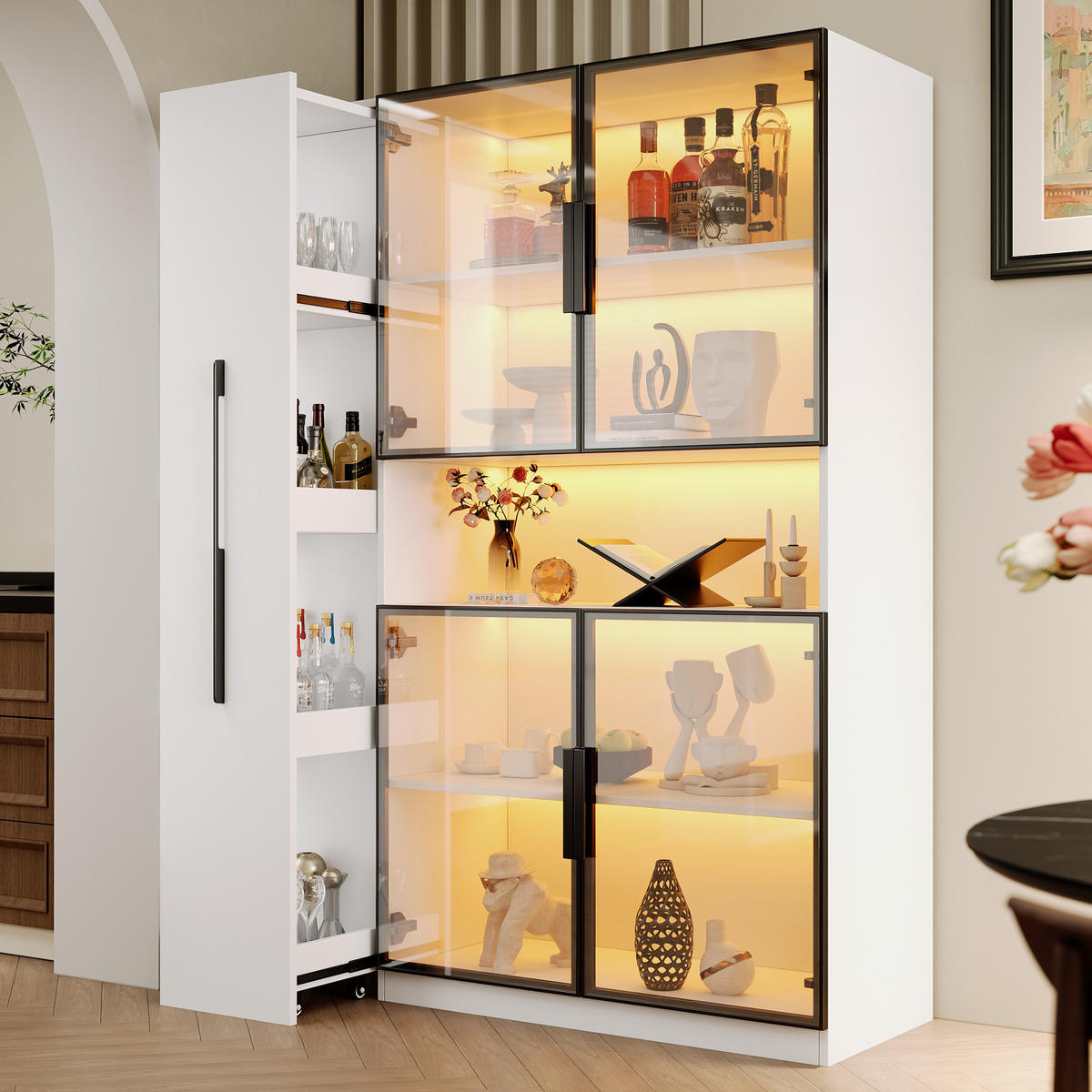 VITRINE LED Ausziehregal Schubladen 160cm Weiß - Weiß, Holzwerkstoff (110/160/35cm) - FLIEKS