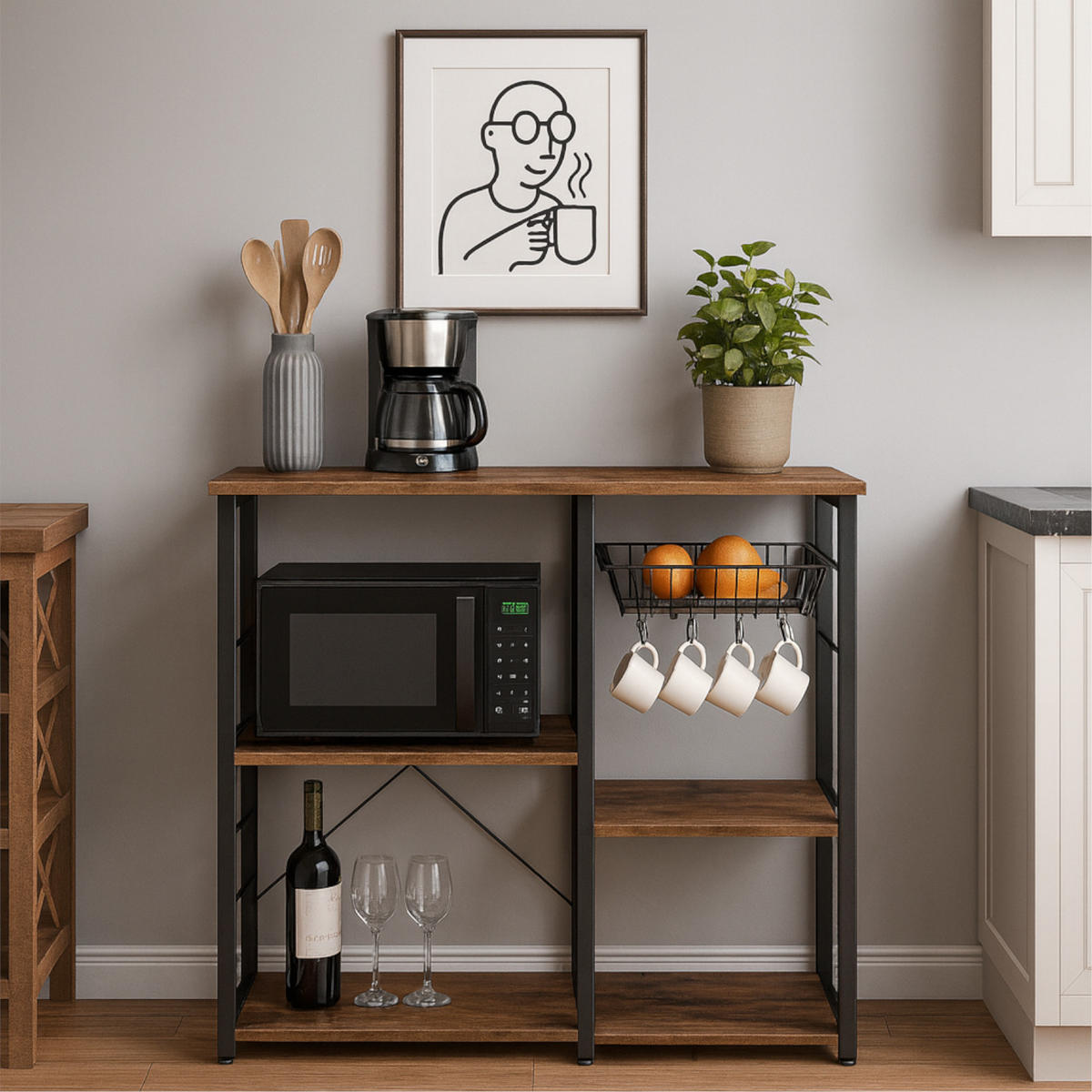 KÜCHENREGAL Holzoptik Metall Dunkelbraun Schwarz mit Haken & Korb 90x40x84 cm - Dunkelbraun/Schwarz, Holzwerkstoff/Metall (90/84/40cm) - Begryf