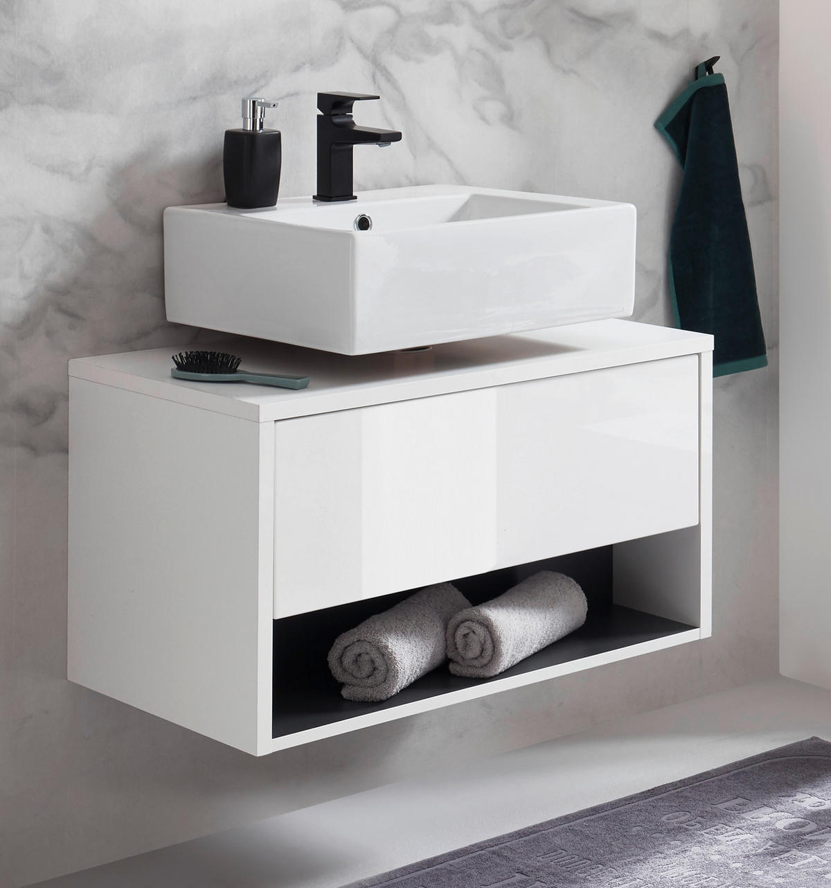 WASCHBECKENUNTERSCHRANK in weiß Hochglanz und grau 80 cm Glide - Weiß Hochglanz/Grau, Holzwerkstoff/Metall (80/44/46cm) - Furn.Design