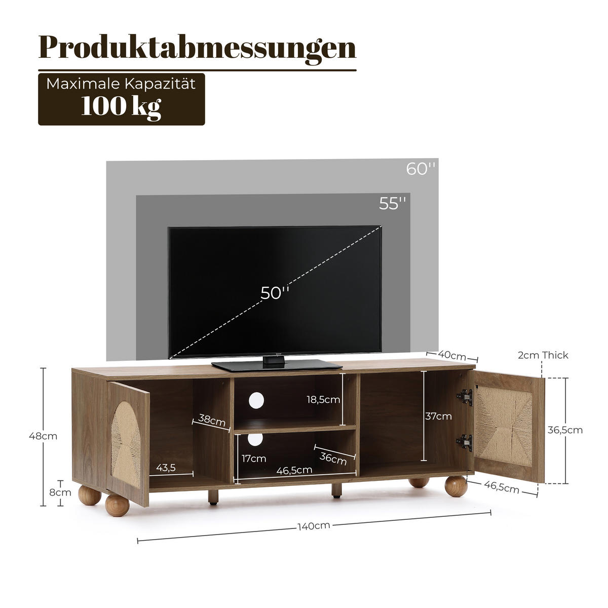 LOWBOARD TV-Schrank Retro, Holz | B140 x T40 x H48 cm - Braun, Holzwerkstoff (140/48/40cm) - Hometopia