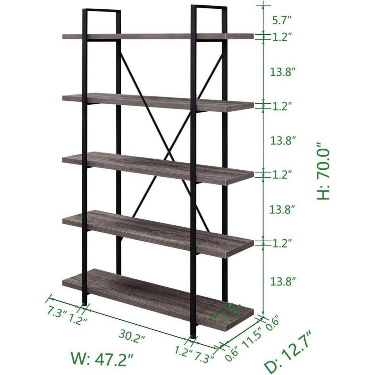 BÜCHERREGAL 5 Ebenen Grau 177,8 cm H - Grau, Holzwerkstoff (32.3/177.8/119.9cm)