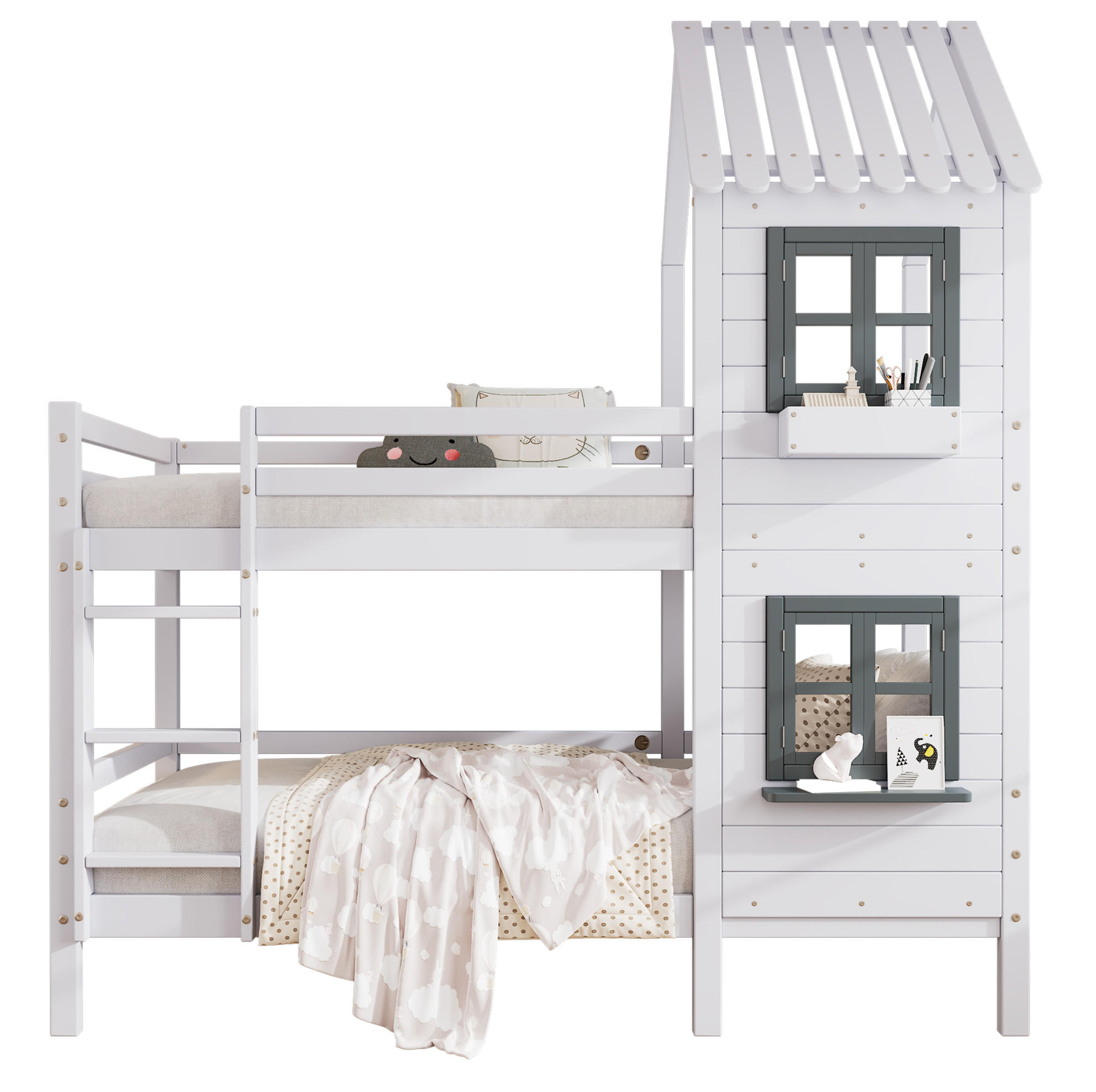 HAUSBETT 90/200 cm Weiß/Grau mit Fenstern und Leiter im Hausbett-Design - Weiß, Holzwerkstoff (90/200cm) - Flora Grace
