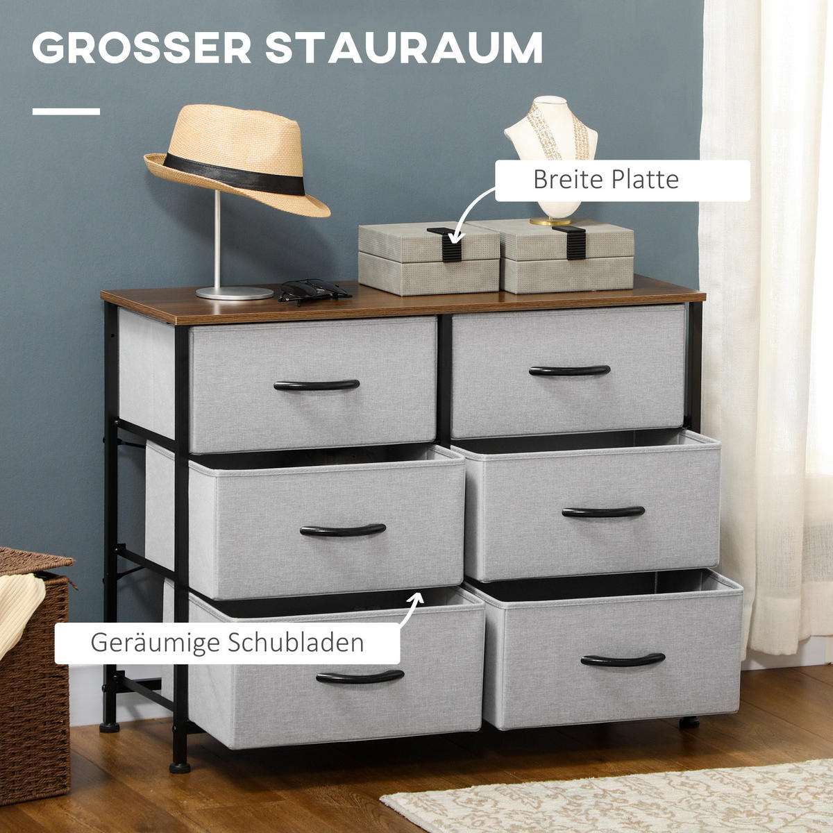 KOMMODE Sideboard, Griff, Grau - Grau, Textil (30/62.5/80cm) - HOMCOM