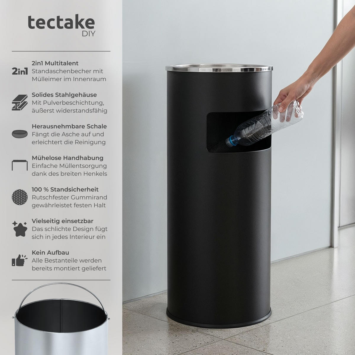 STANDASCHENBECHER , 25 x 61 cm, schwarz - Schwarz, Metall (25cm) - tectake